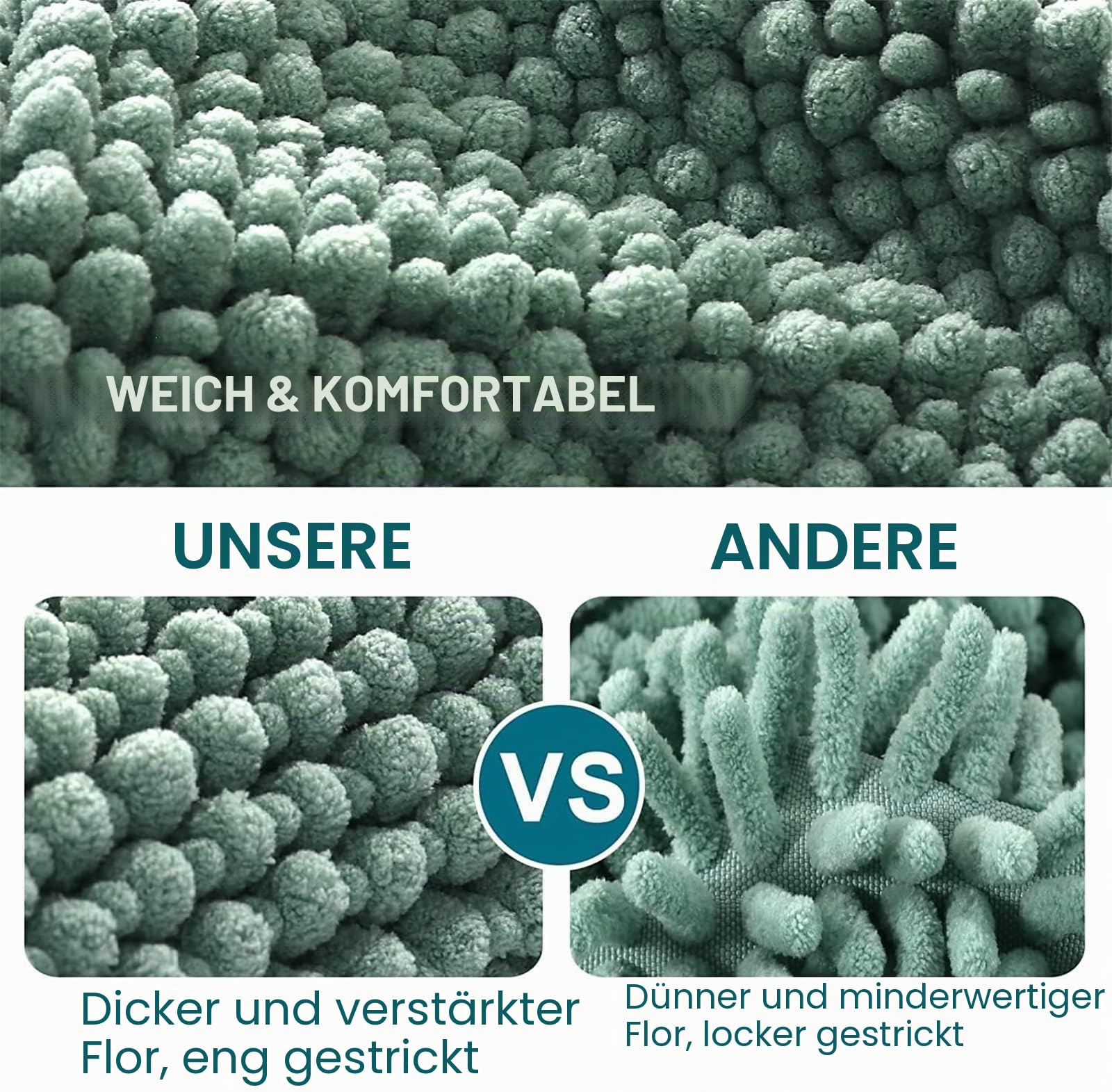 LINGKY Badematte rutschfest 50x120 cm Chenille Badezimmerteppich Saugfähige Badteppich Waschbar Badvorleger Bad Teppich Badezimmer Duschvorleger Badematte Aqua