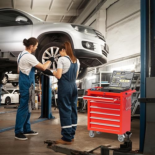 Miniatura 3 de Caja de herramientas rodante de 7 cajones con ruedas, caja de herramientas con sistema de bloqueo y cajones deslizantes, organizador de caja de Rojo