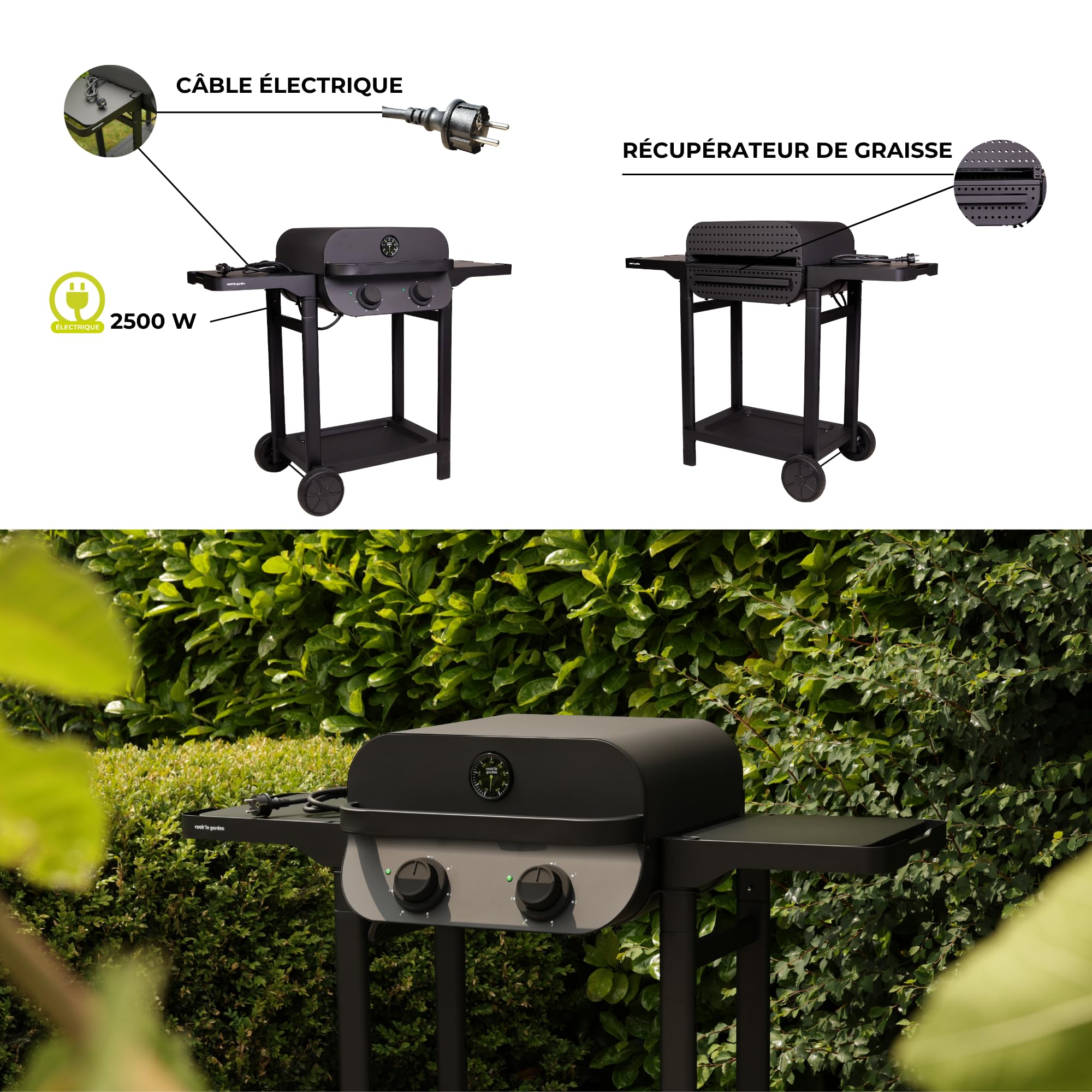 Cook'in Garden - Flavo 50 SC Élec, Barbecue Électrique, Résistance en Inox 2500 W, Thermomètre intégré, Montage facile en 15 minutes, Jusqu'à 10 convives, Utilisation extérieure