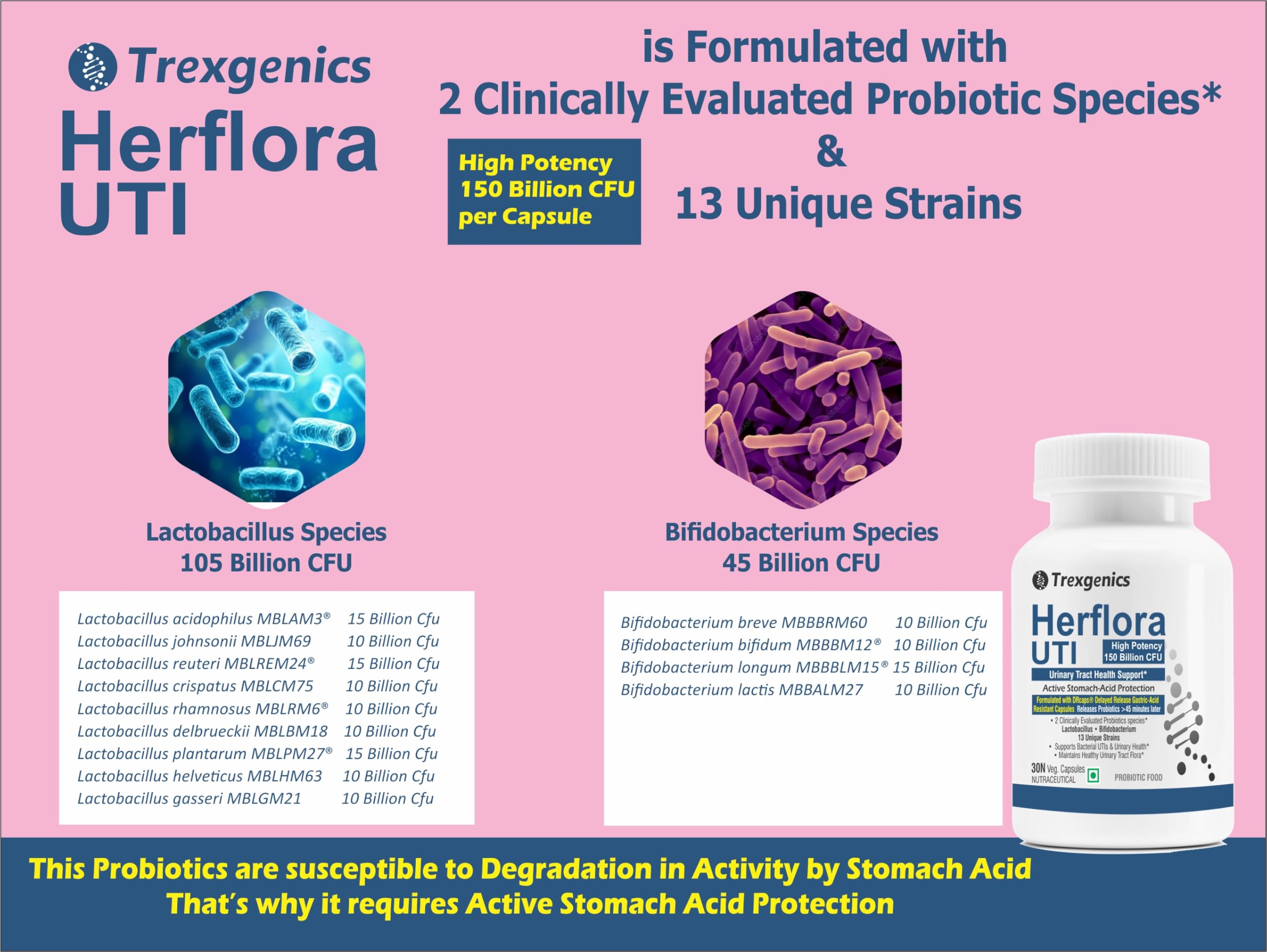 Trexgenics HERFLORA-UTI Probiotics 150 Billion CFU Urinary Tract Health Support Delayed release stomach acid protection capsules (30 Veg Capsules)) — Amazon image 4