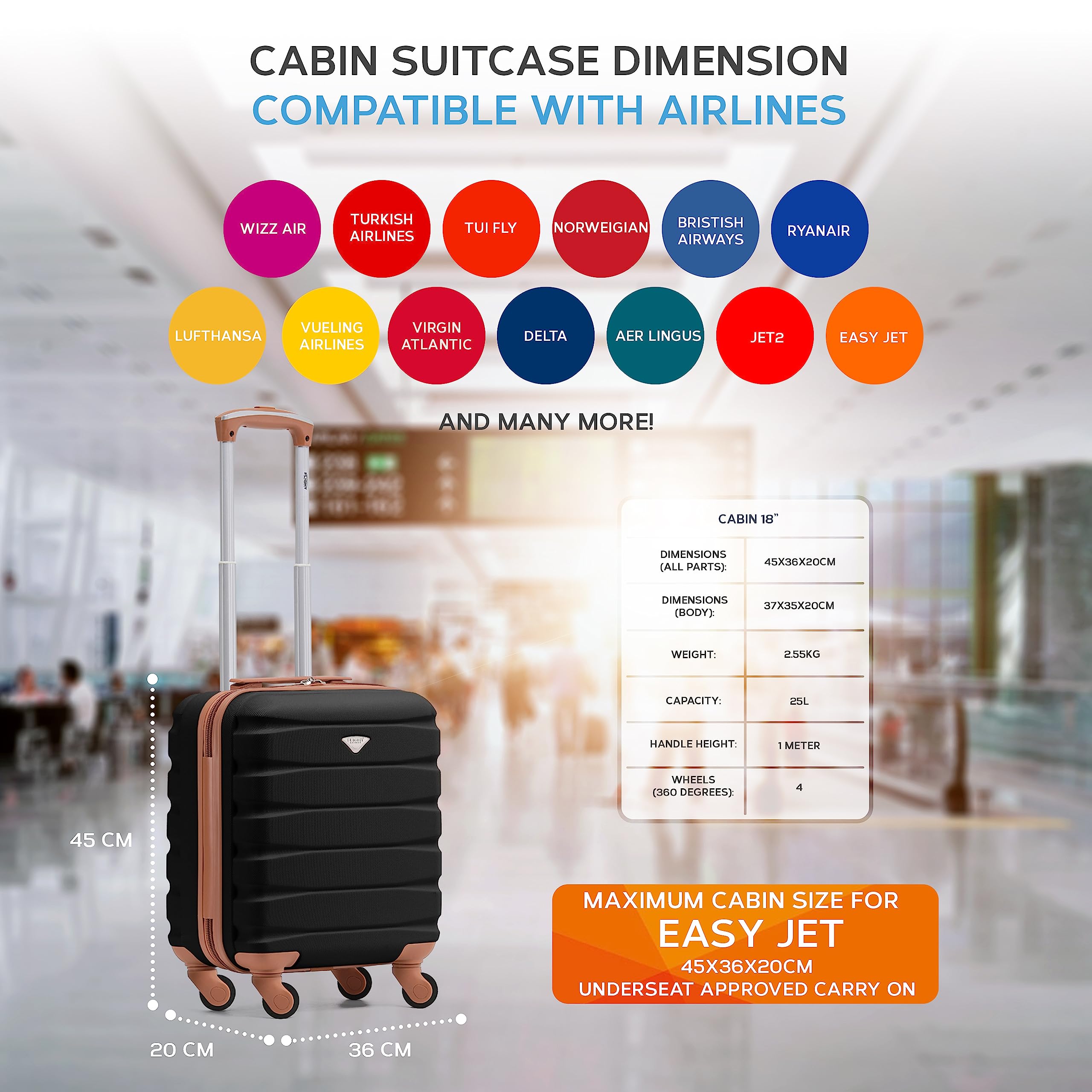 Flight Knight EasyJet Cabin Bag 45x36x20, Underseat, Lightweight Small Durable 4 Wheel Cabin Suitcase, Maximum Carry-On Size, ABS Hard Shell, 10kg Hand Luggage Bag- 45 x 36 x 20 cm Travel Bag