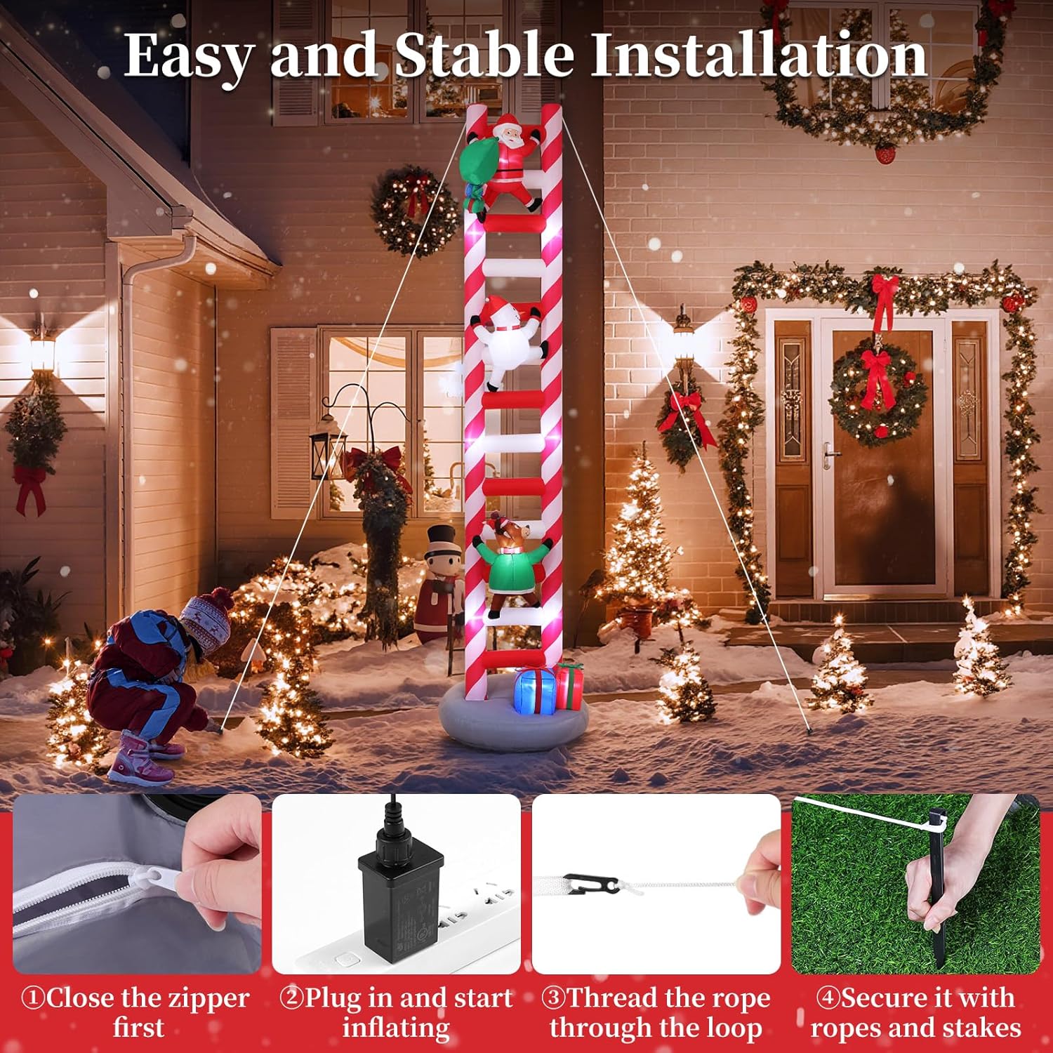 Lewondr Christmas Inflatables, 9.8FT Giant Christmas Ladder with 11 LED Lights, Waterproof Lighted Christmas Blow Up Outdoor Decorations with Reindeer, Santa, Snowman for Roof Home Decor
