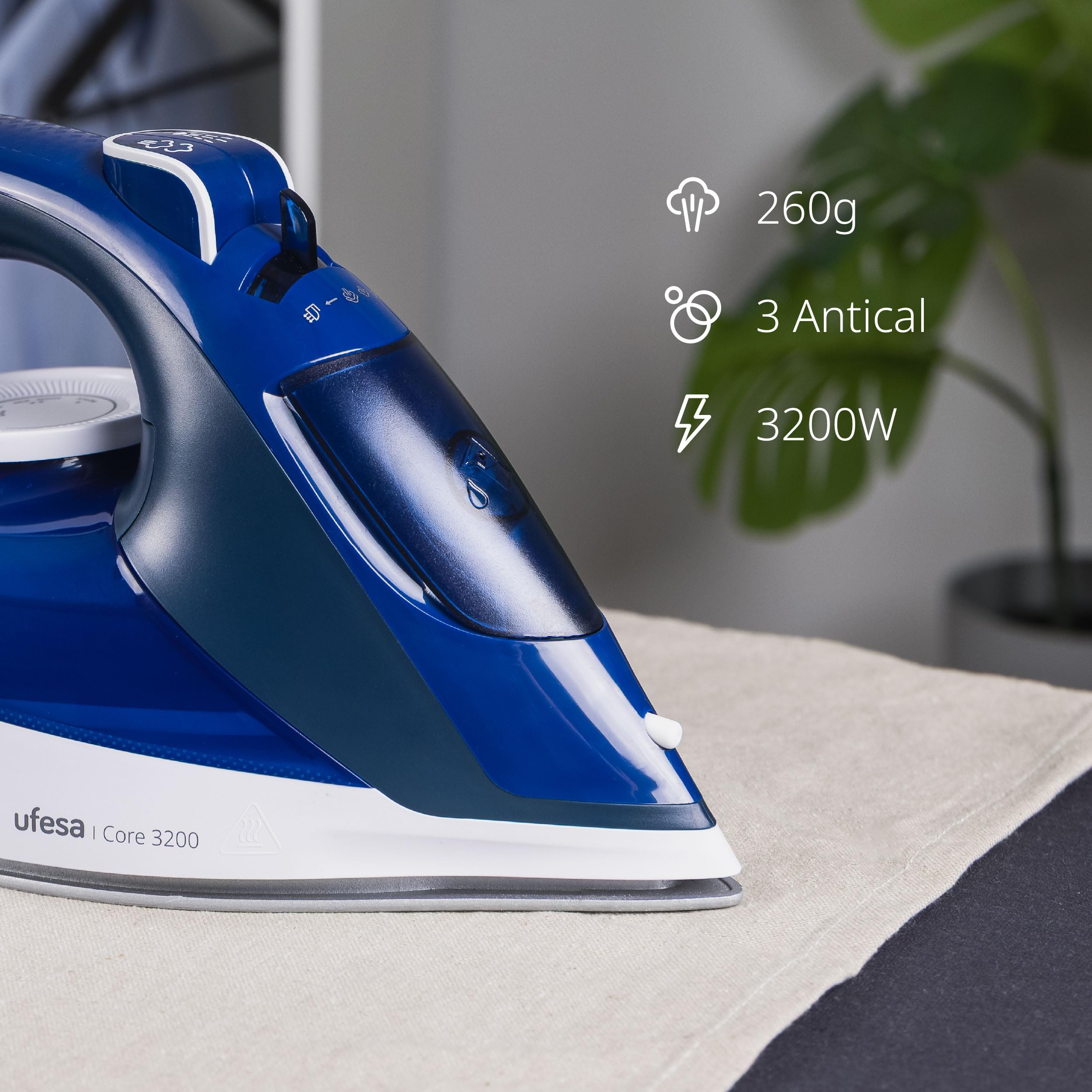 Ufesa Core 3200W Plancha de Vapor, Golpe de Vapor 260g, Vapor Continuo 50g/min, Suela Cerámica, Sistema Antical 3 en 1, Antigoteo, Depósito 350ml, Cable 1,9m, Azul