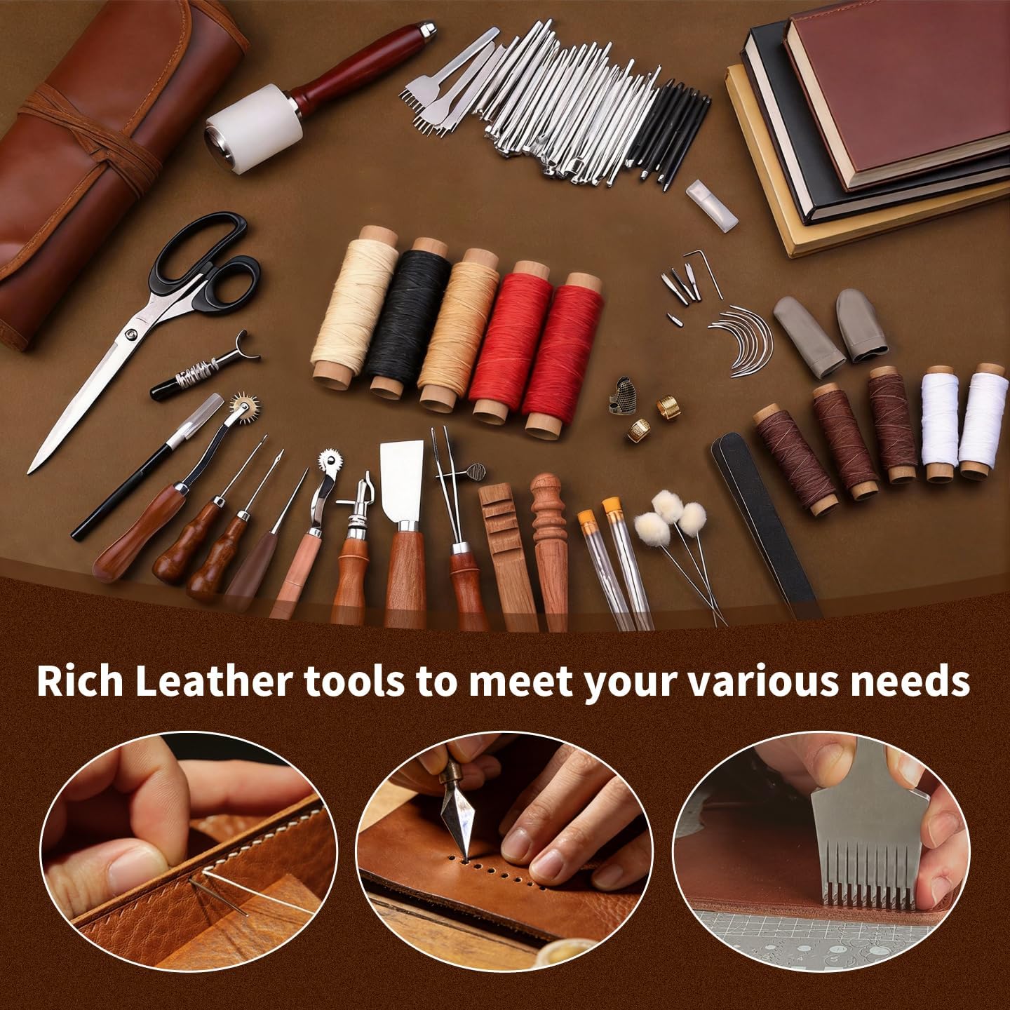 Leather Working Tools Kit, with Portable Leather Storage Bag, Engraving Punching Sewing Stamping Sanding Tools, Ideal for Crafting, Repair & DIY Projects