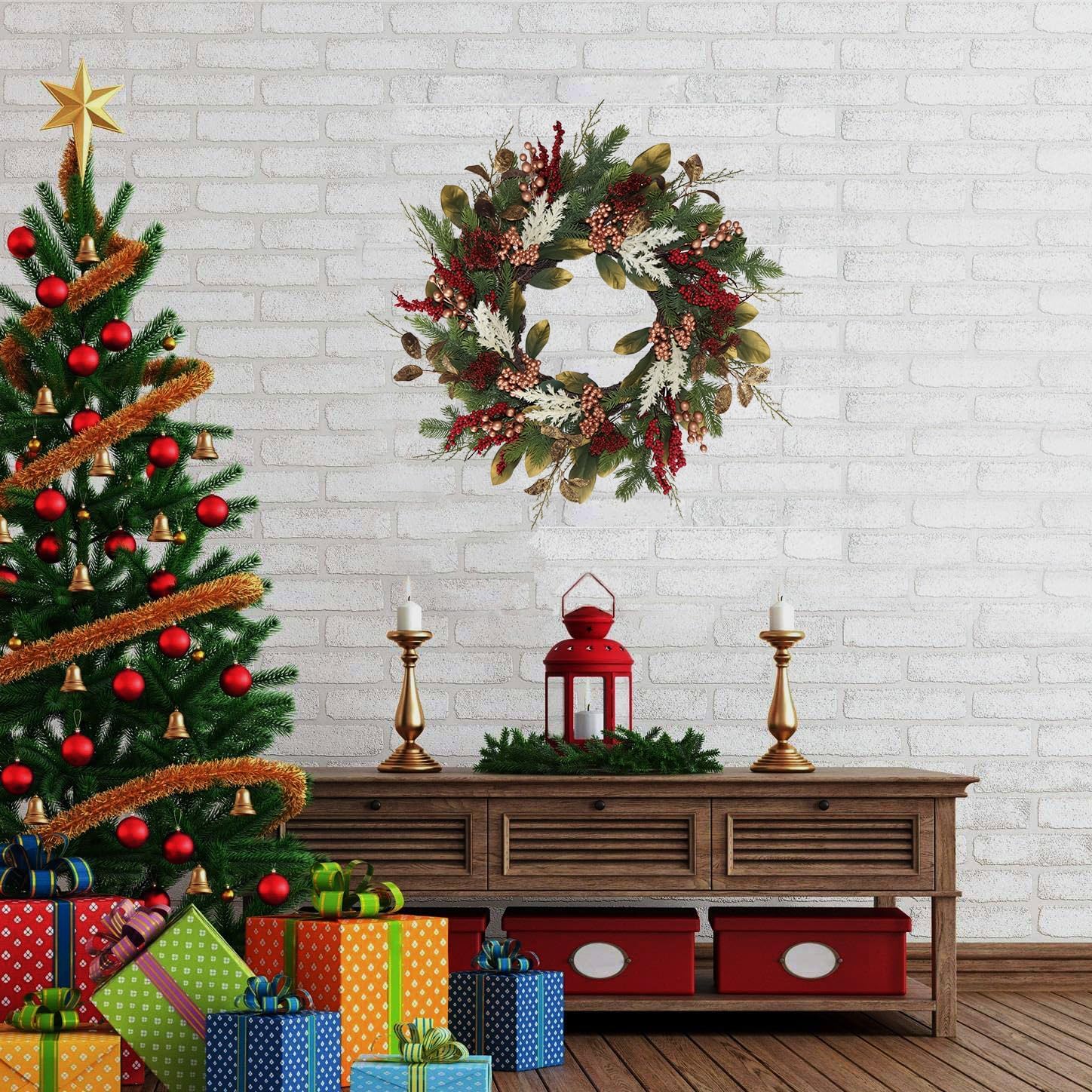20" Gold Red Berries Christmas Wreaths for Front Door, Metallic Finish Eucalyptus Leaves Winter Xmas Wreath Outdoor Holiday Decoration, Door Wreath Decor for Farmhouse Front Porch Wall Window