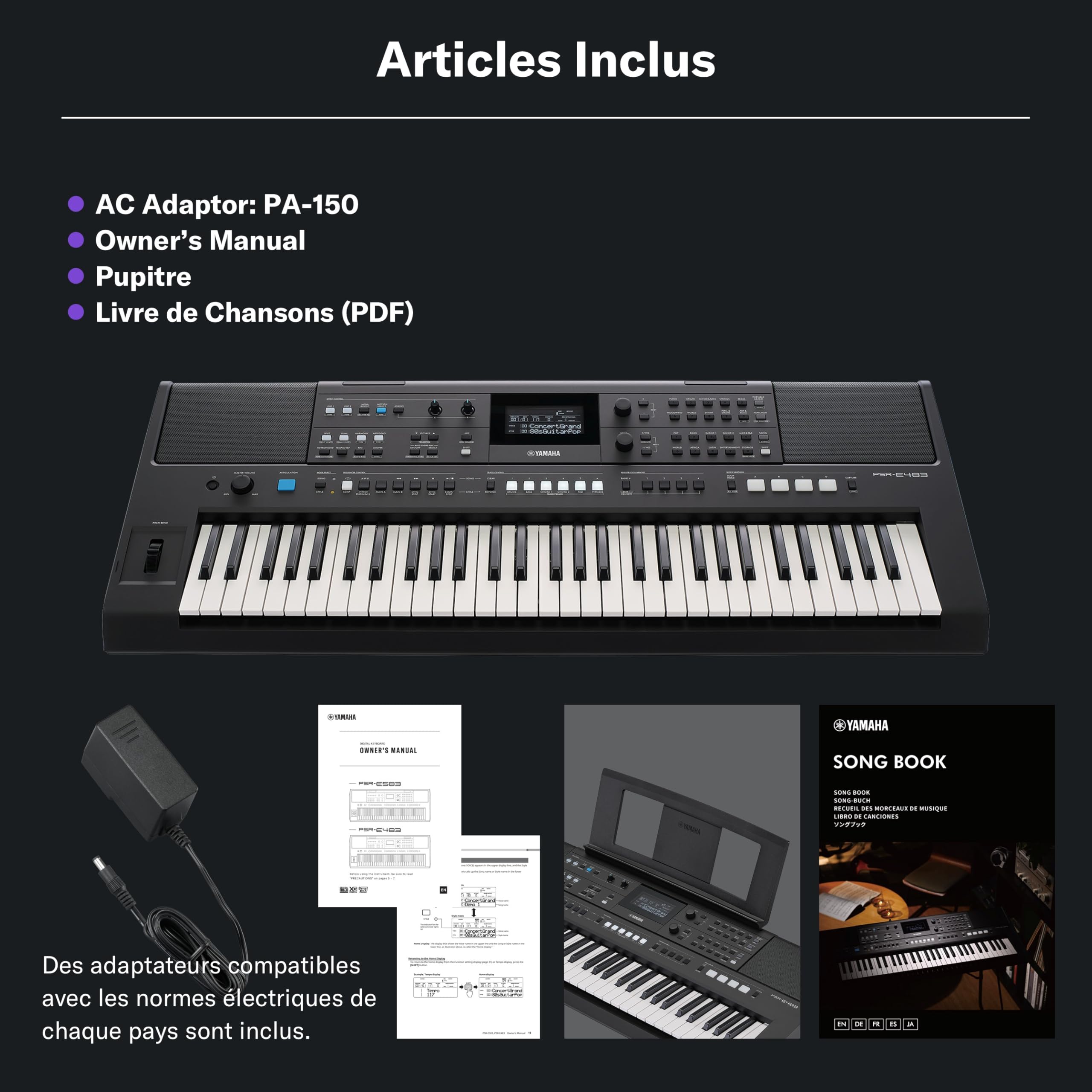 YAMAHA PSR-E483 Keyboard – Clavier Portable Moderne avec 61 Touches Sensibles, 860 Voices dont 15 Super Articulation Lite, 345 Styles, Haut-Parleurs Puissants et USB-C – Noir