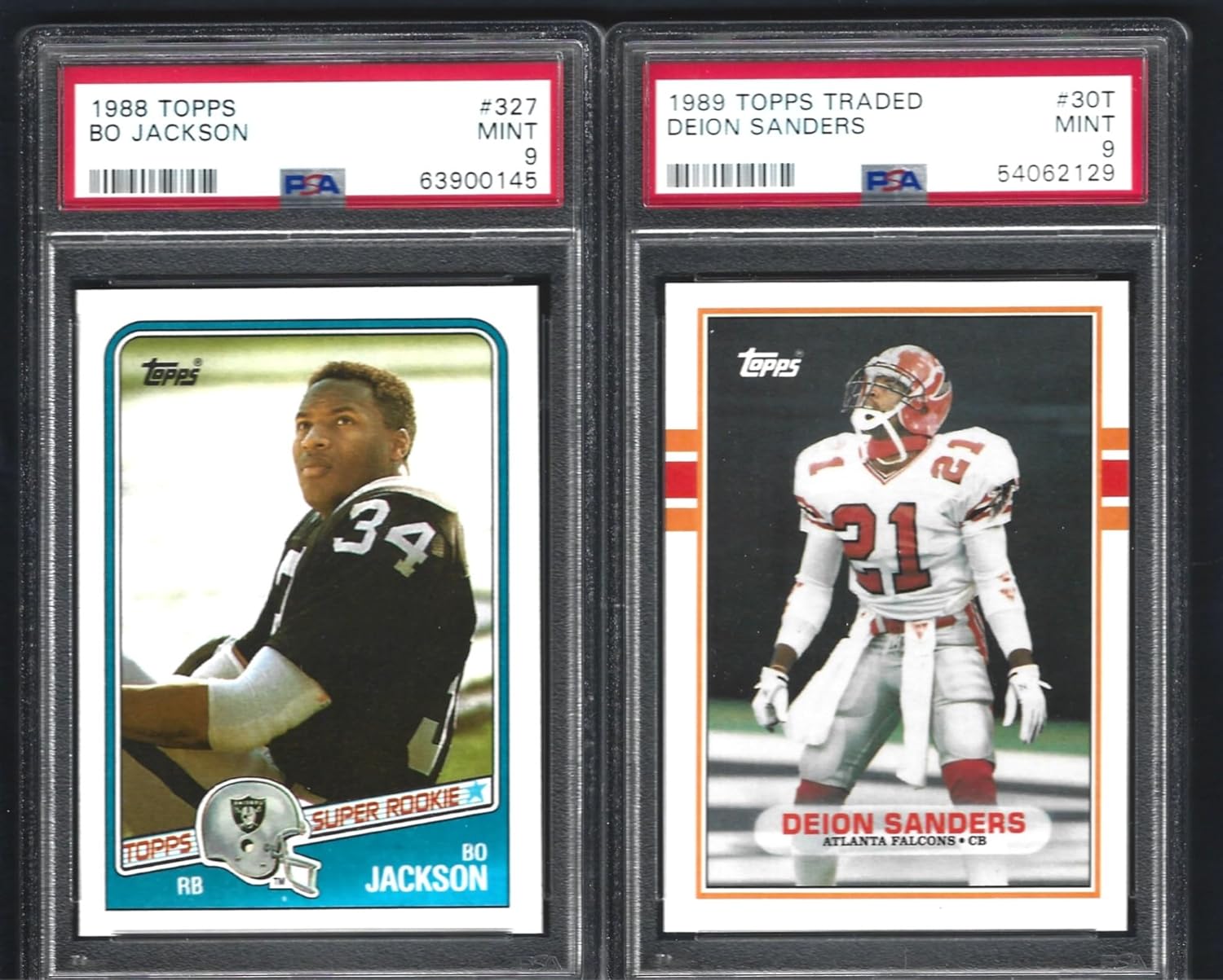 MINT BO JACKSON FOOTBALL & DEION SANDERS TOPPS TRADED ROOKIE 2 CARD LOT GRADED PSA MINT 9 TWO SPORT SUPERSTAR ATHLETES
