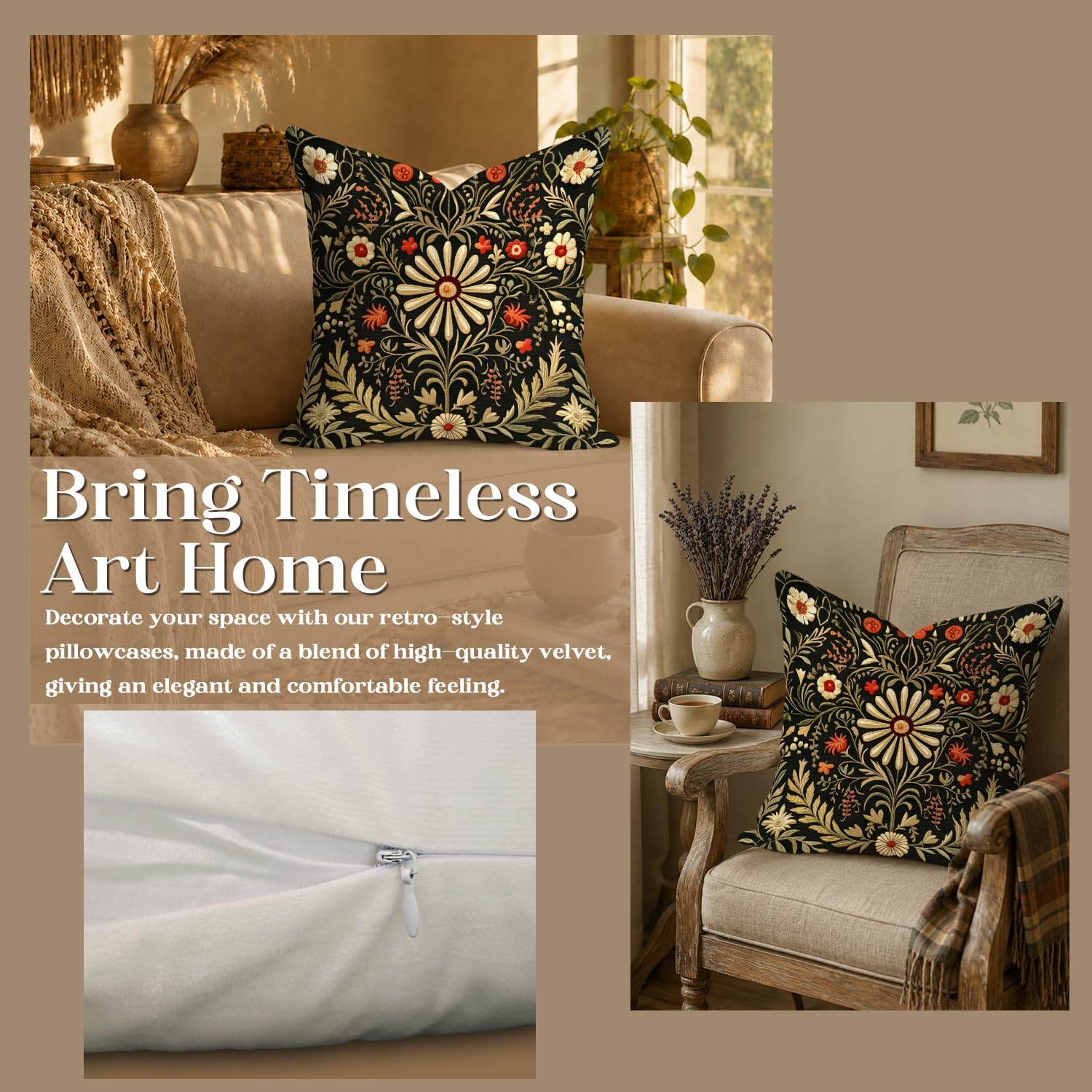 Vintage Floral Throw Pillow Cover 18x18 Inch, Boho Botanical Decorative Pillow Case, Retro Floral Print Farmhouse Cushion Cover for Sofa Couch Bed Living Room