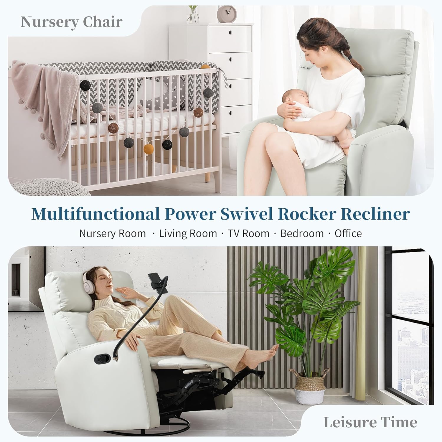 Swivel Rocker Recliner,Nursery Glider Recliner,Upholstered Rocking Recliner Chair with Phone Holder, PU Rocking Reclining Sofa for Living Room, Gray (360°Swivel)