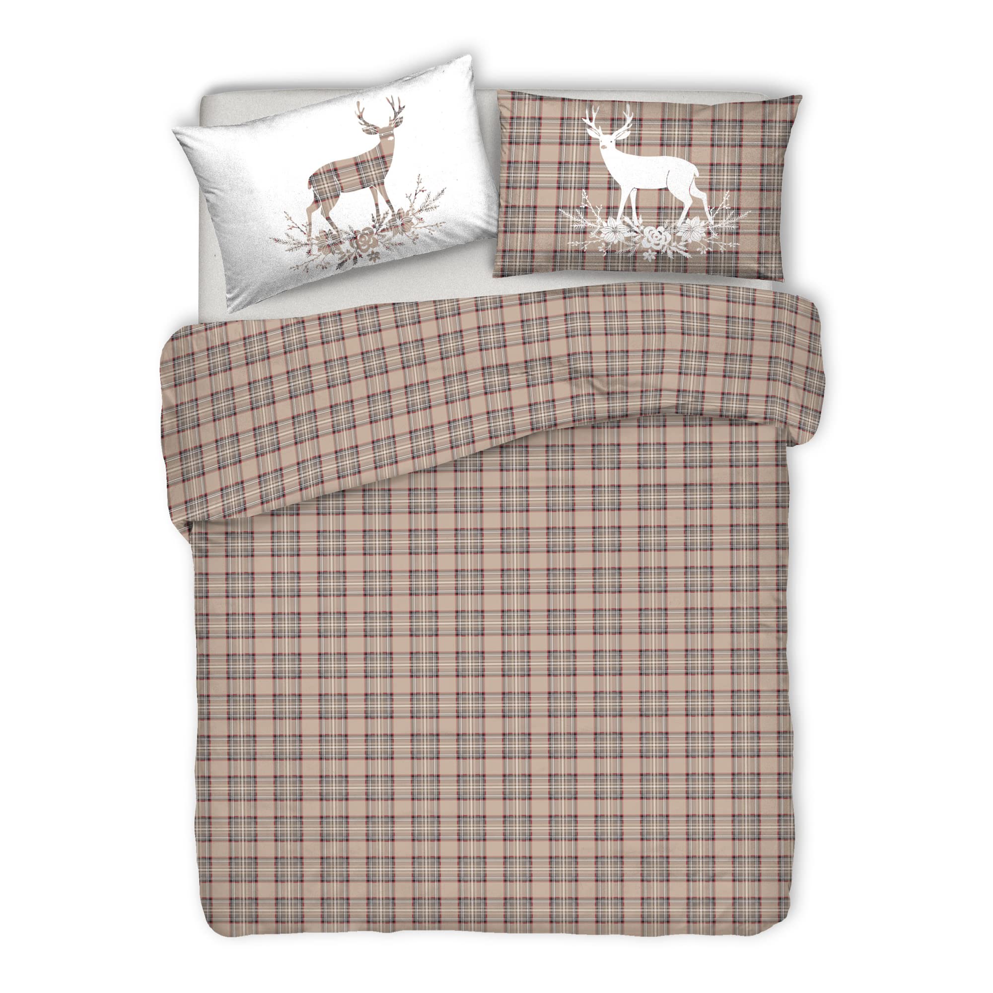 PENSIERI DELICATI Parure Copripiumino Matrimoniale 100% Cotone, Completo di Sacco 250x200cm e 2 Federe 52x82cm, Made in Italy, Copripiumino Lavabile In Lavatrice A 40°, Fantasia Tartan Beige
