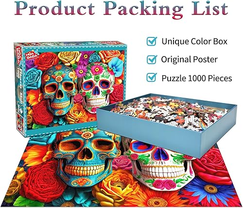 Miniatura 2 de HUADADA Rompecabezas de 1000 piezas para adultos Calavera de flores coloridas Rompecabezas para adultos y niños, juegos educativos de 1000 piezas,