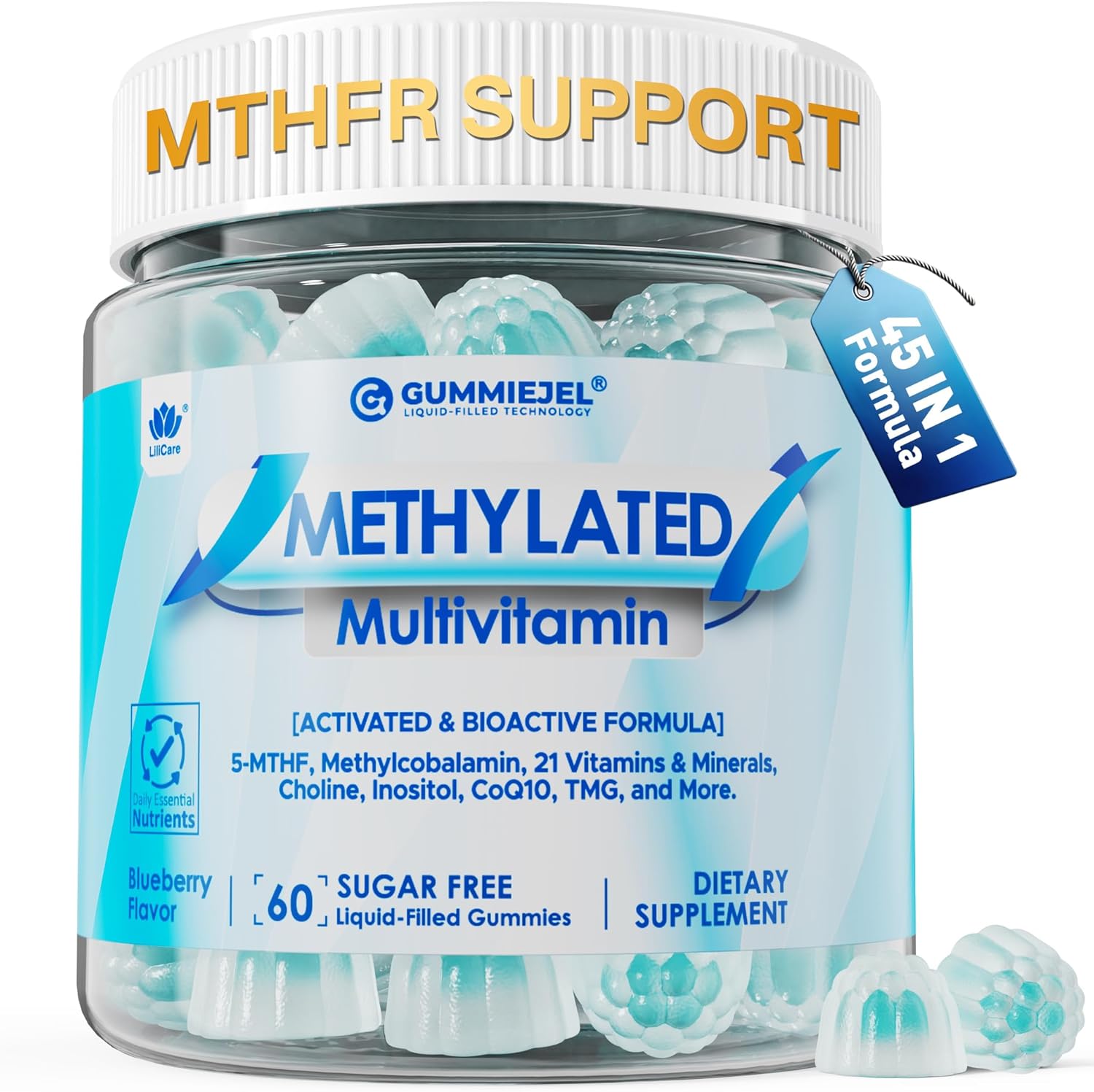 Methylated Multivitamin for Men & Women Gummies + Greens & Mushroom Blend, Methylfolate & B12, TMG, Choline, Daily Vitamin A, C, D3K2, E, B Complex, Coq10, ALA for Overall Wellness, Sugar Free, 60 Cts