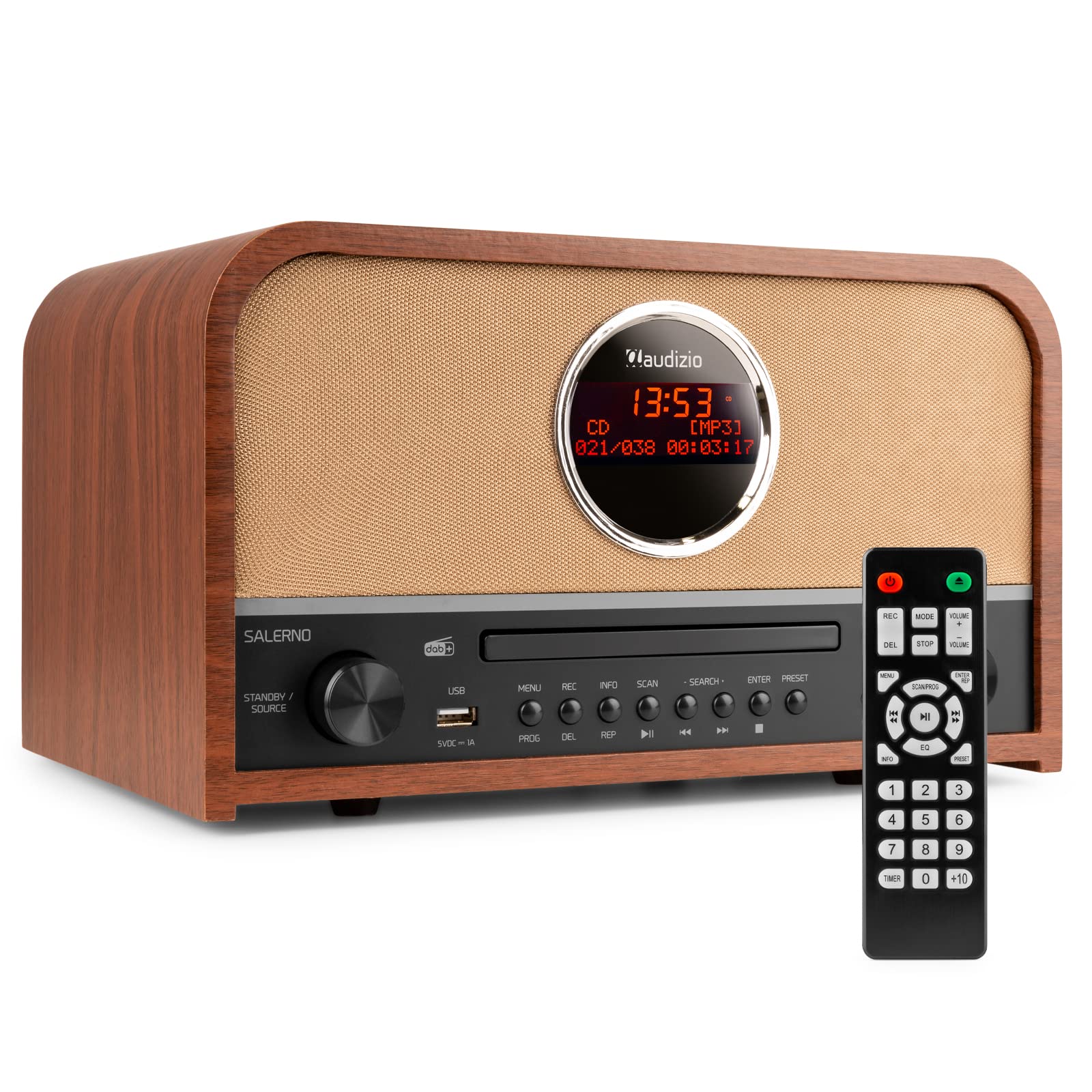 Audizio Salerno Radio Dab+ avec Lecteur CD - Bluetooth 5.0, Affichage LCD, Horloge et Minuterie, Sortie Casque, Télécommande Incluse, Idéal comme Objet de Décoration et pour Écouter la Radio