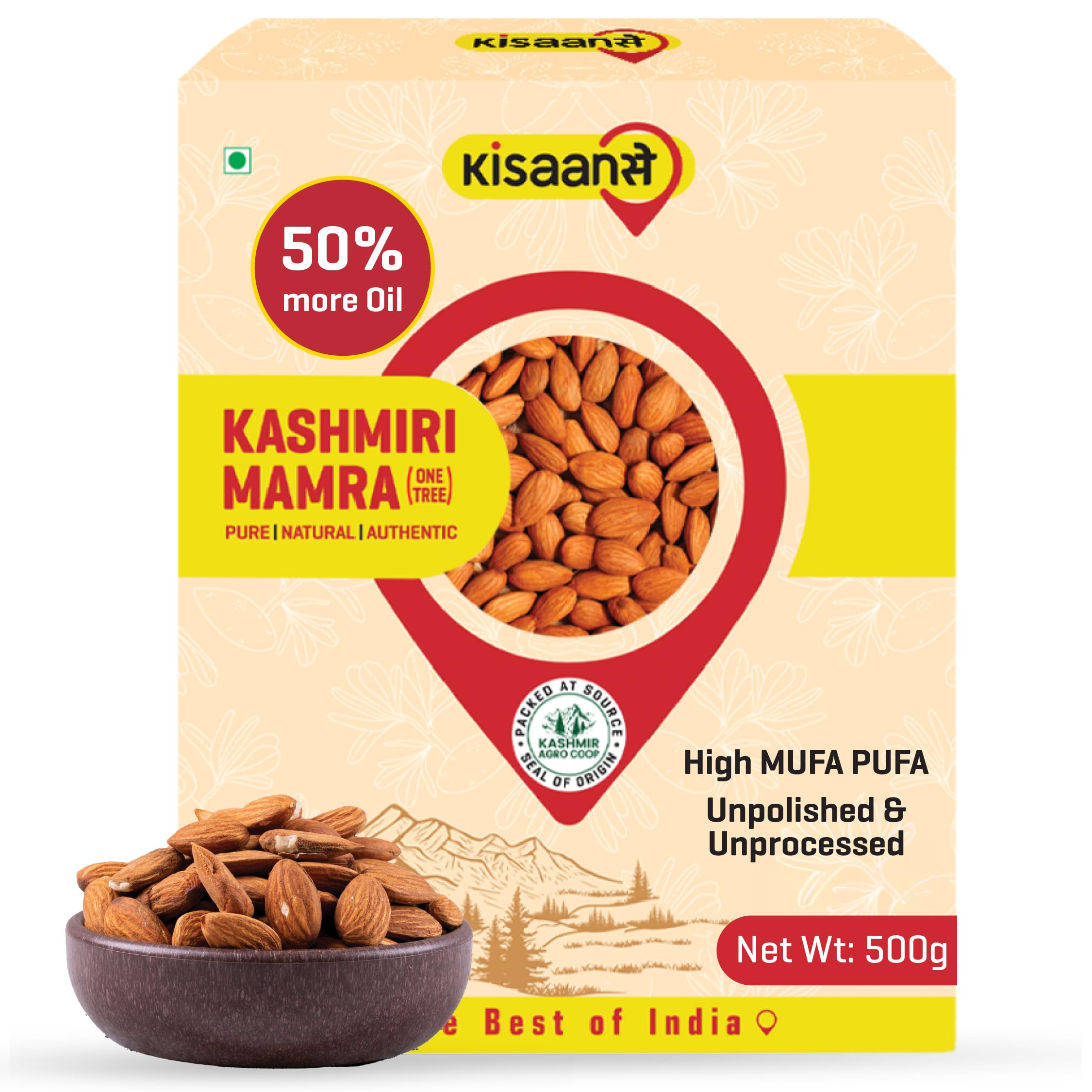 KisaanSay Kashmiri Mamra Almonds | Medium Size | 50% More OIL | 500g | Rich in High Oil Content | Unpolished Badaam Giri | 100% Natural Crunchy Nuts & Dry Fruits | Fresh As Just Harvested | imperfect size BUT Best for Health and heart