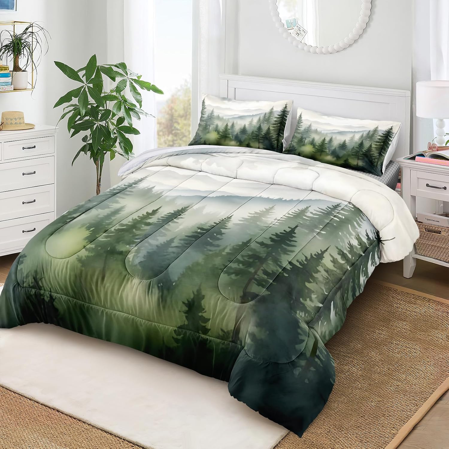 Bedbay Misty Forest Bedding Set Queen Size Nature Mountain Comforter Set Aesthetic Room Decor Cabin Style Quilt Duvet Set 4 Pieces for All Seasons 1 Comforter 2 Pillowcases 1 Cushion Cover