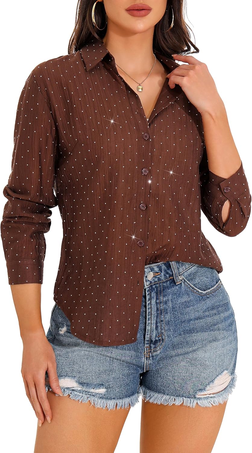 GUANYY Women's Sheer Button Down Shirt Rhinestone Sparkly Mesh Chiffon Blouse Long Sleeve Casual Top - Image 2