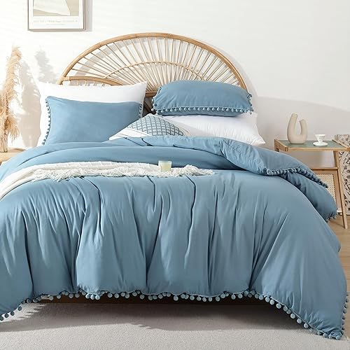Miniatura 2 de YIRDDEO Juego de edredón tamaño Queen  Juegos de edredón tamaño Queen con flecos de pompones, juego de ropa de cama suave para todas las estaciones