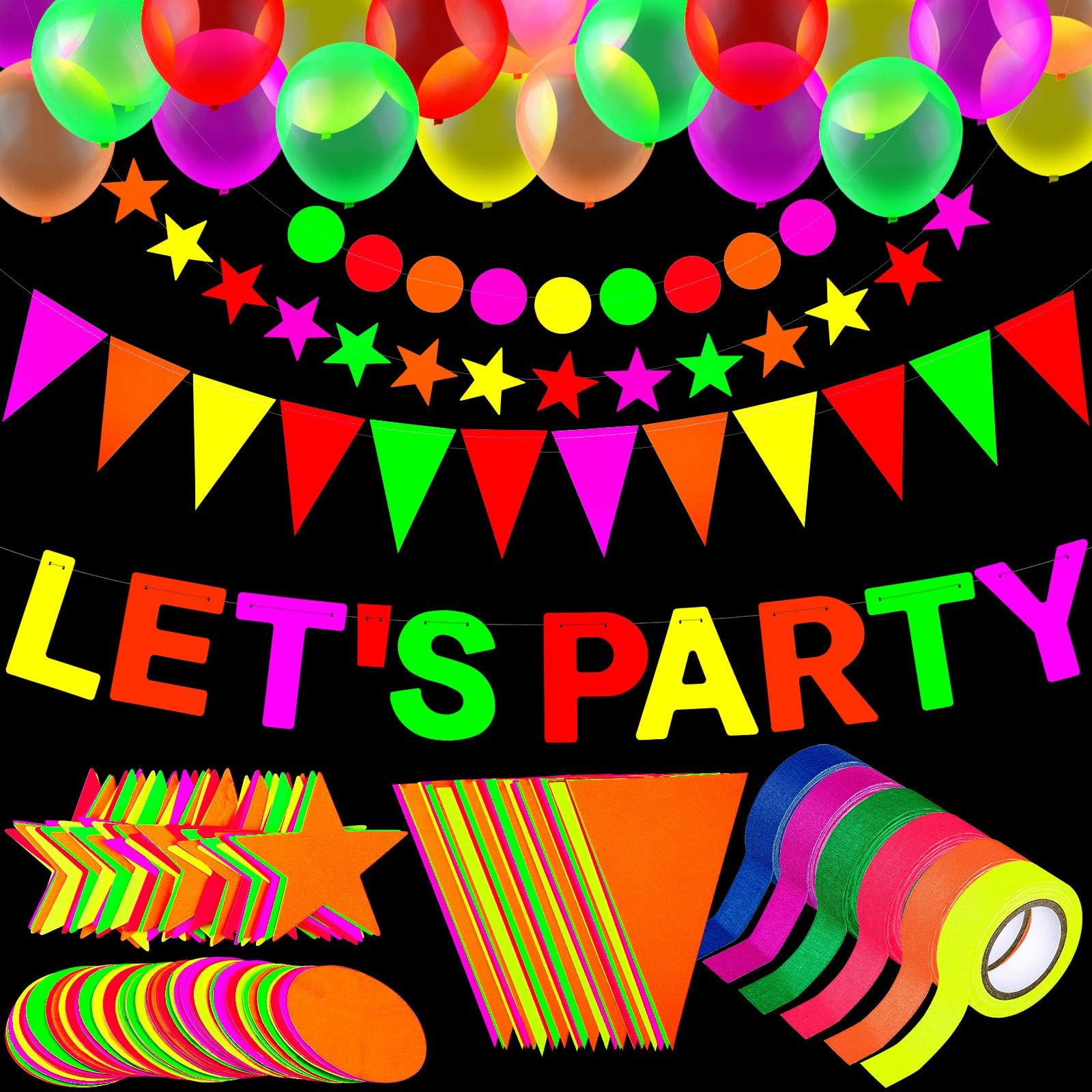 Aodaer Glow Party Supplies Neon Party Supplies Set 98.4 Feet UV Blacklight Reactive Tape, 43.2 Feet 3 Pieces Neon Paper Garlands, 30 Pieces Neon Fluorescent Balloons for Glow Party Decorations