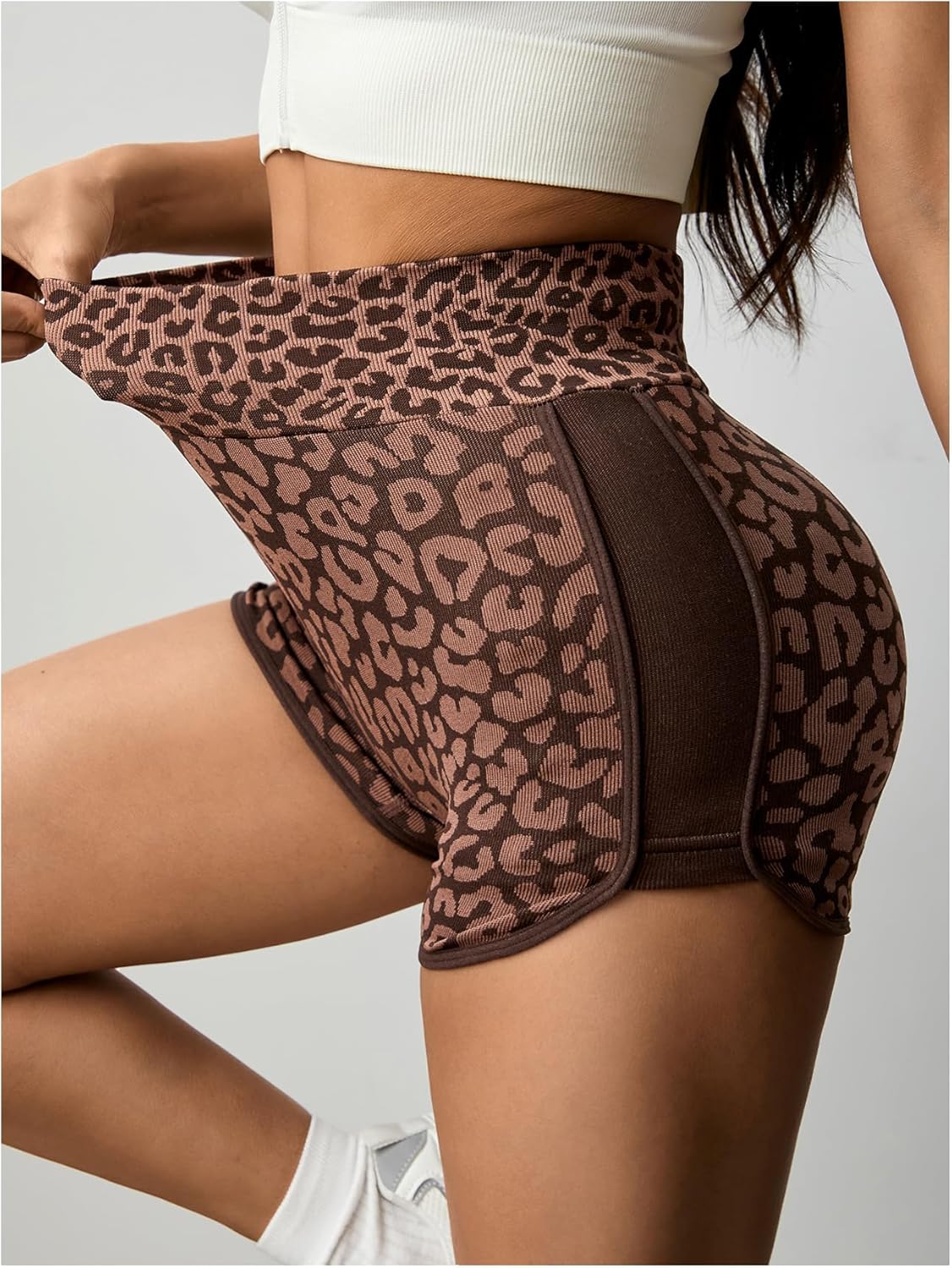 SHENHE Women's Leopard Workout Shorts High Waisted Tummy Control Gym Booty Shorts Coffee Brown Small - Image 3