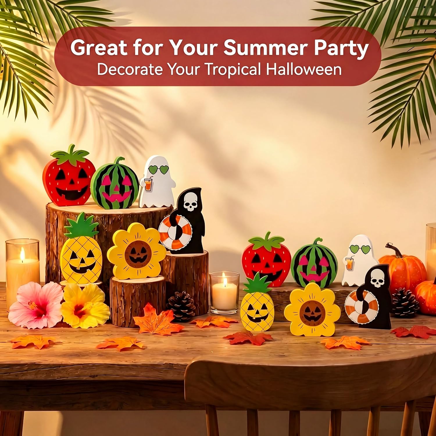 12PCS Summerween Wooden Halloween Tabletop Decorations, 2 Sets
