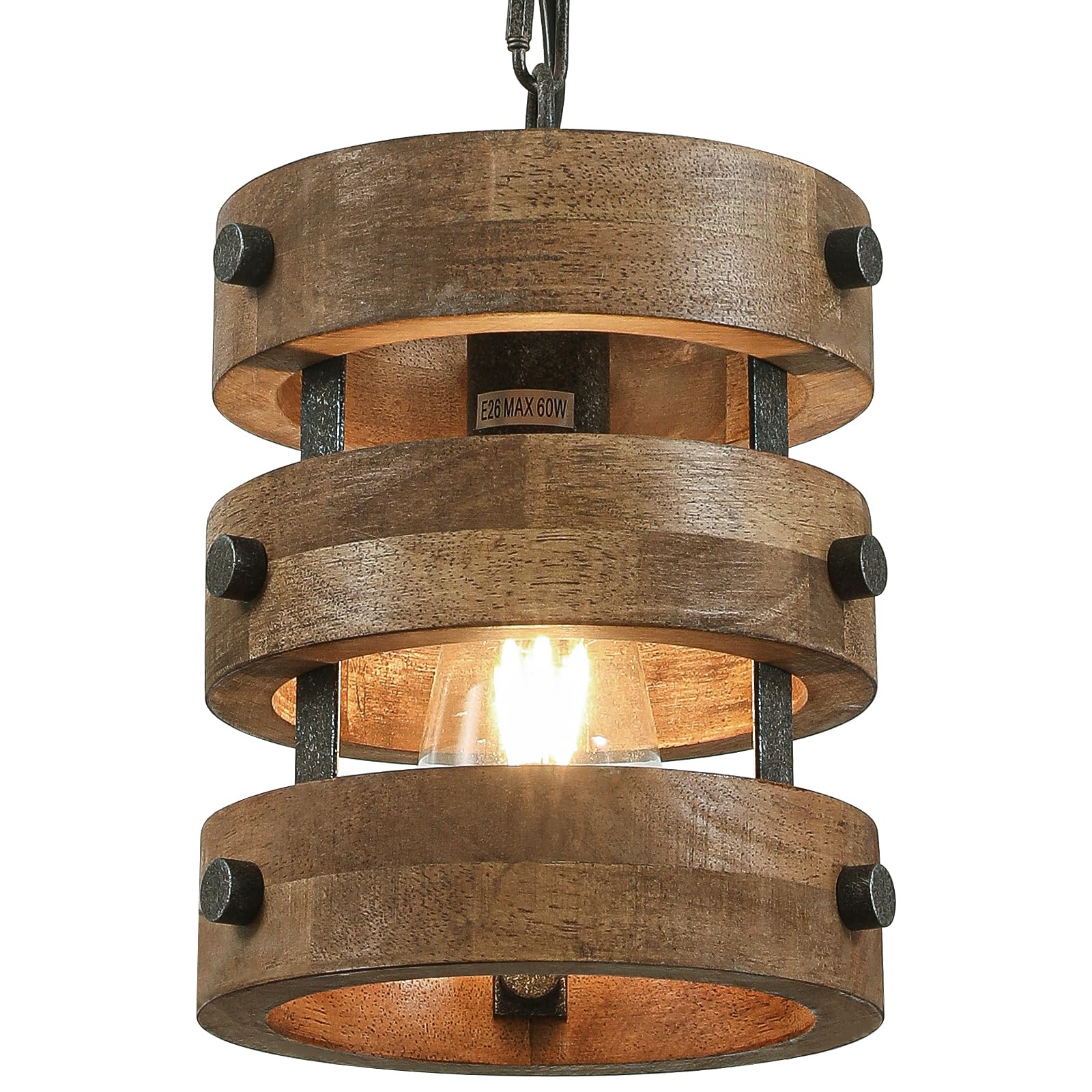 Farmhouse Pendant Light 1-Light Rustic Pendant Lighting 7" Brown Solid Wood Hanging Light Fixture for Kitchen Island Dining Room Bar Hallway