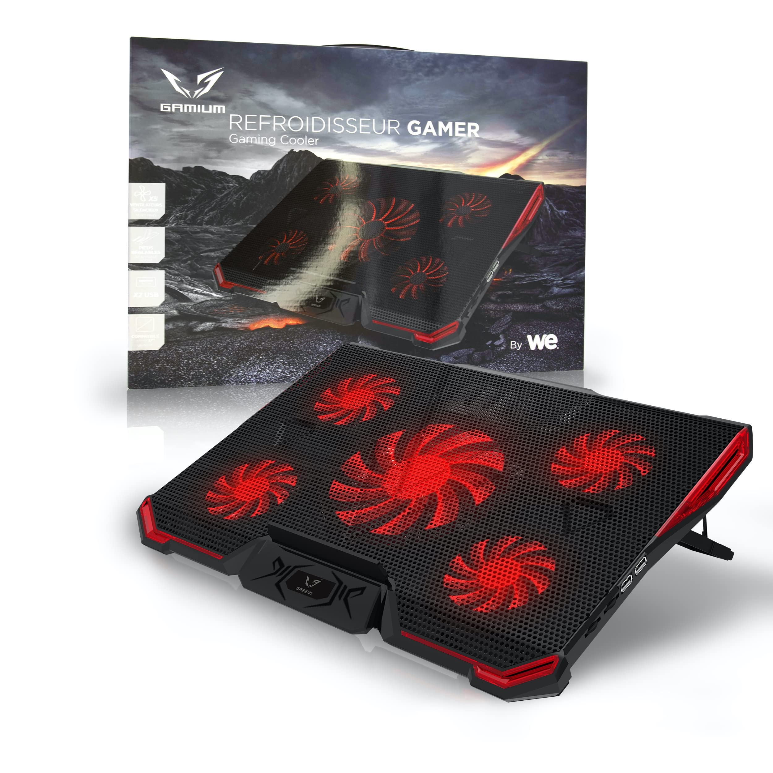 WE Gamium Refroidisseur Ordinateur Portable - Le Plus Puissant - Refroidissement Ultra Rapide - 5 Ventilateurs Ultra Silencieux - Refroidisseur PC Portable PS4 Xbox - Rouge et Noir