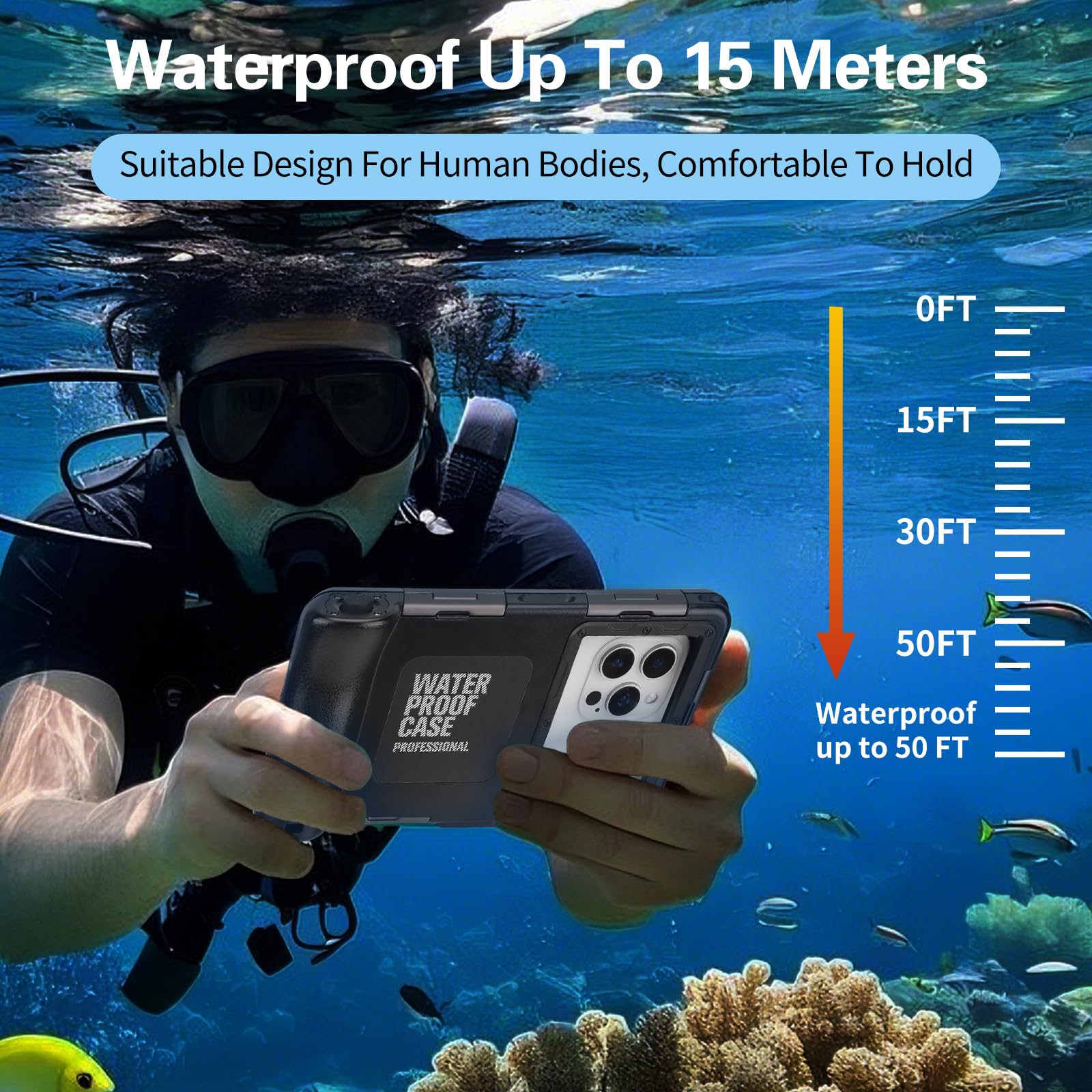 Custodia subacquea universale per smartphone da 4,7 – 6,9 pollici, protezione professionale [15 m/50 ft], touch screen, con mirino anti-appannamento, custodia impermeabile per snorkeling, surf, foto e