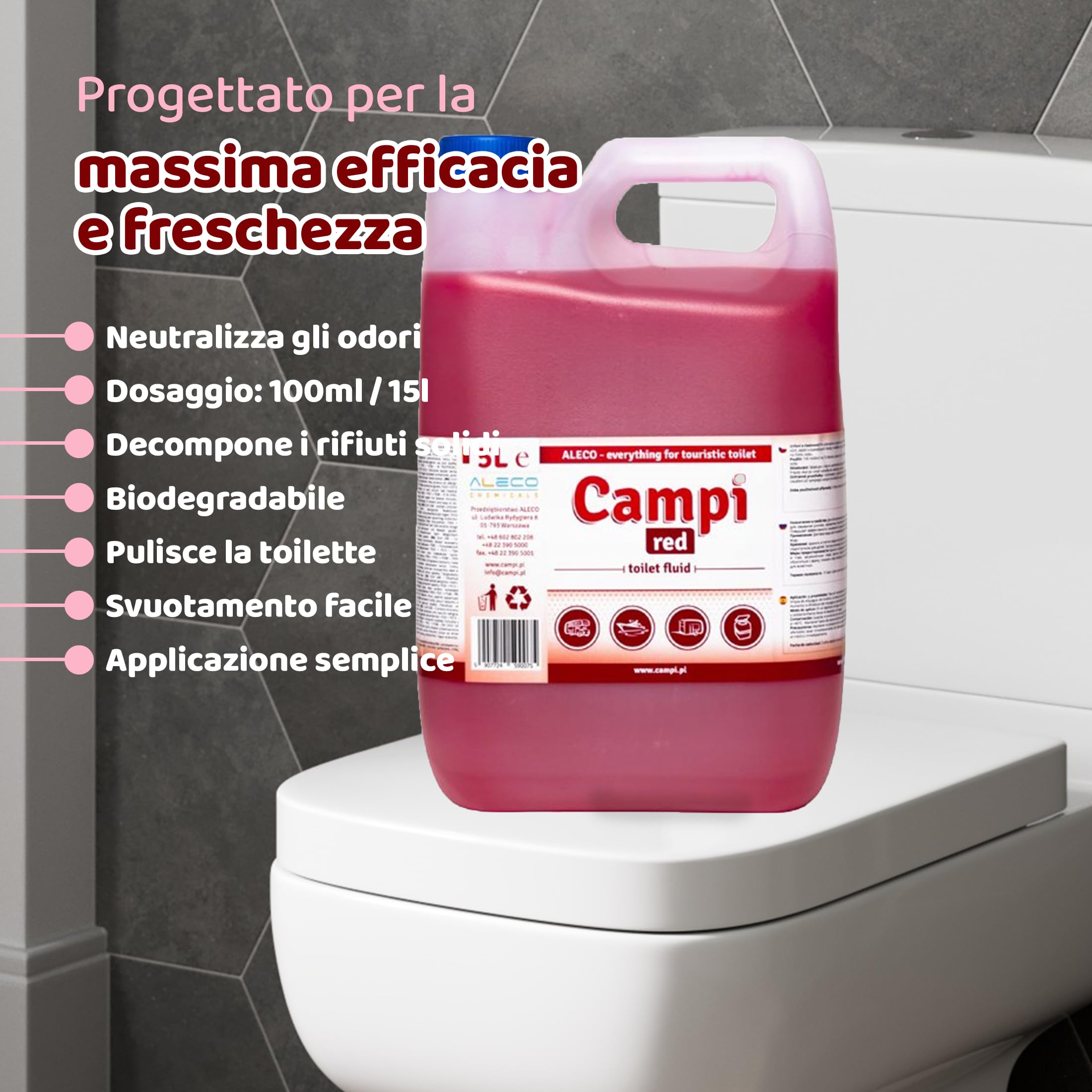 CAMPI Red 5L – Liquido sanitario e additivo per toilette da campeggio – Chimico per WC da campeggio – Per serbatoio dell'acqua di caravan e camper