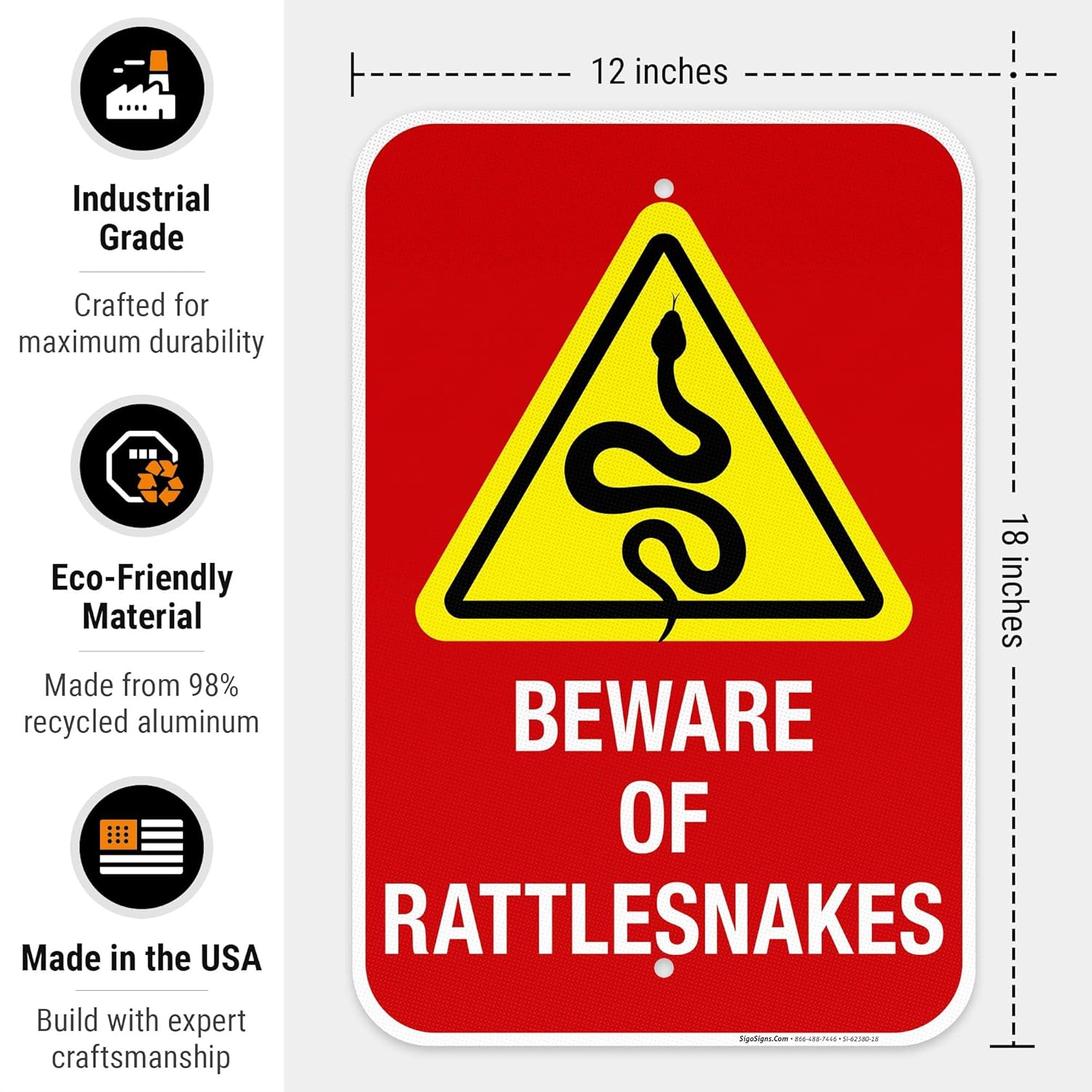 Beware of Rattlesnakes Sign, 12x18 Inches, 3M EGP Reflective .063 Aluminum, Fade Resistant, Made in USA