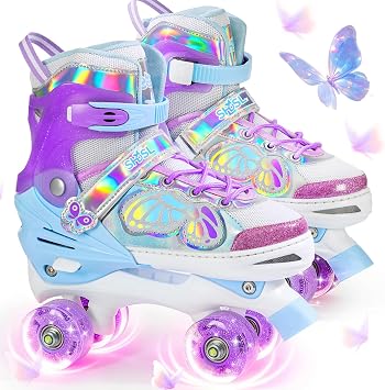 SHDSL Kids Roller Skates for Girls Boys, 4 Sizes Adjustable Butterfly Quad Roller Skates with All Light up Wheels, Birthday Gift for Girls Skate Indoor Outdoor Sports
