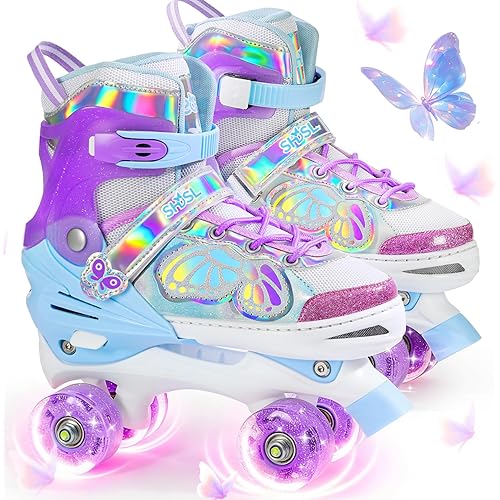 商品图片 SHDSL Kids Roller Skates for Girls Boys Beginner, 4 Size Adjustable Quad Butterfly Roller Skates with All Light up Wheels, Birthday Gift for Girls Skates Indoor Outdoor Sports