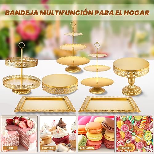 Miniatura 5 de Soporte redondo de encaje de metal dorado de 10 pulgadas para tartas de boda, soporte de exhibición de postres con acabado metálico brillante para