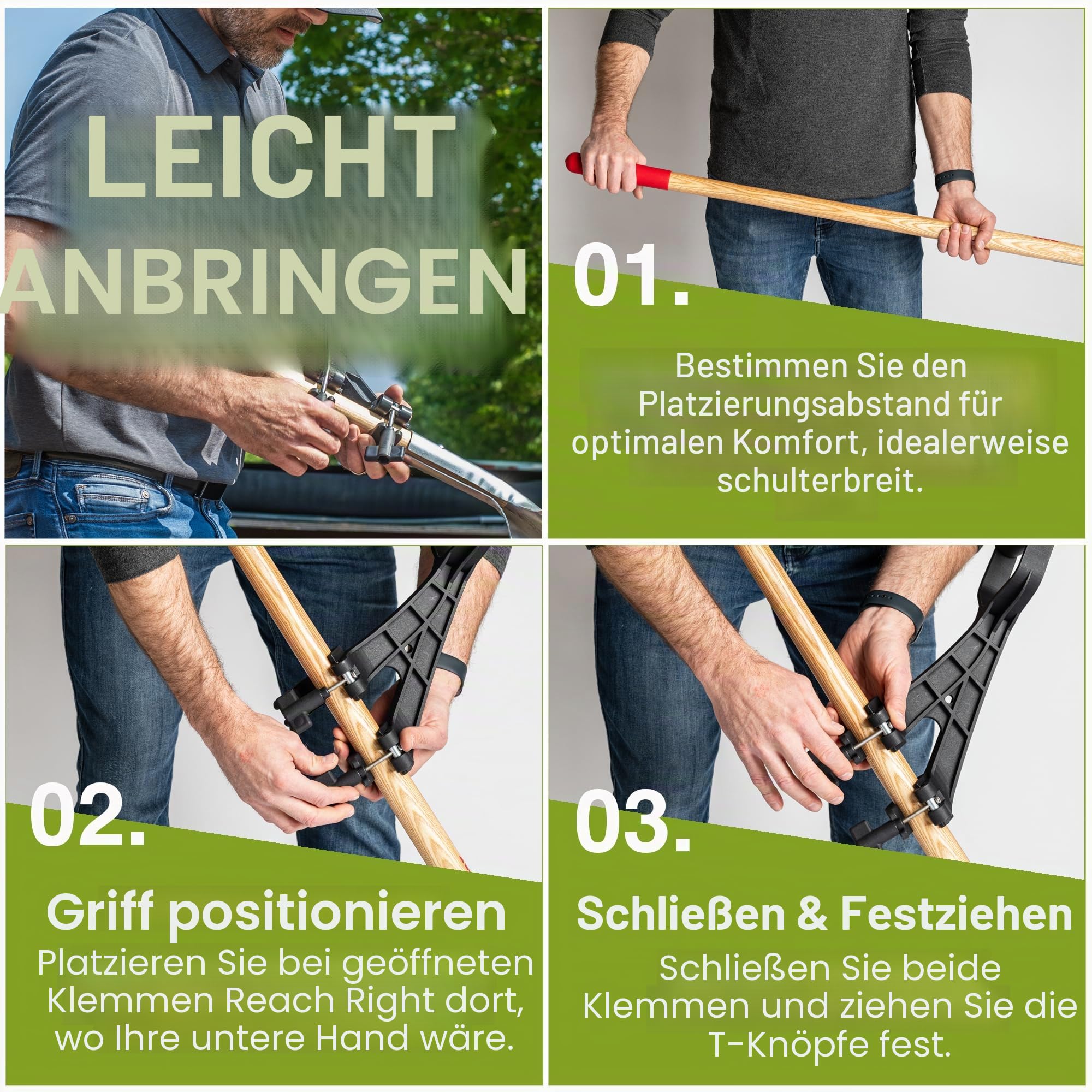 Reach Right Rückenschonender Aufsatz, verwandelt normales Werkzeug in ergonomisches Hof-Werkzeug, Rückenschoner-Griffbefestigung, universell passend für Unkrautfresser, Schneeschaufel, Rasentrimmer,