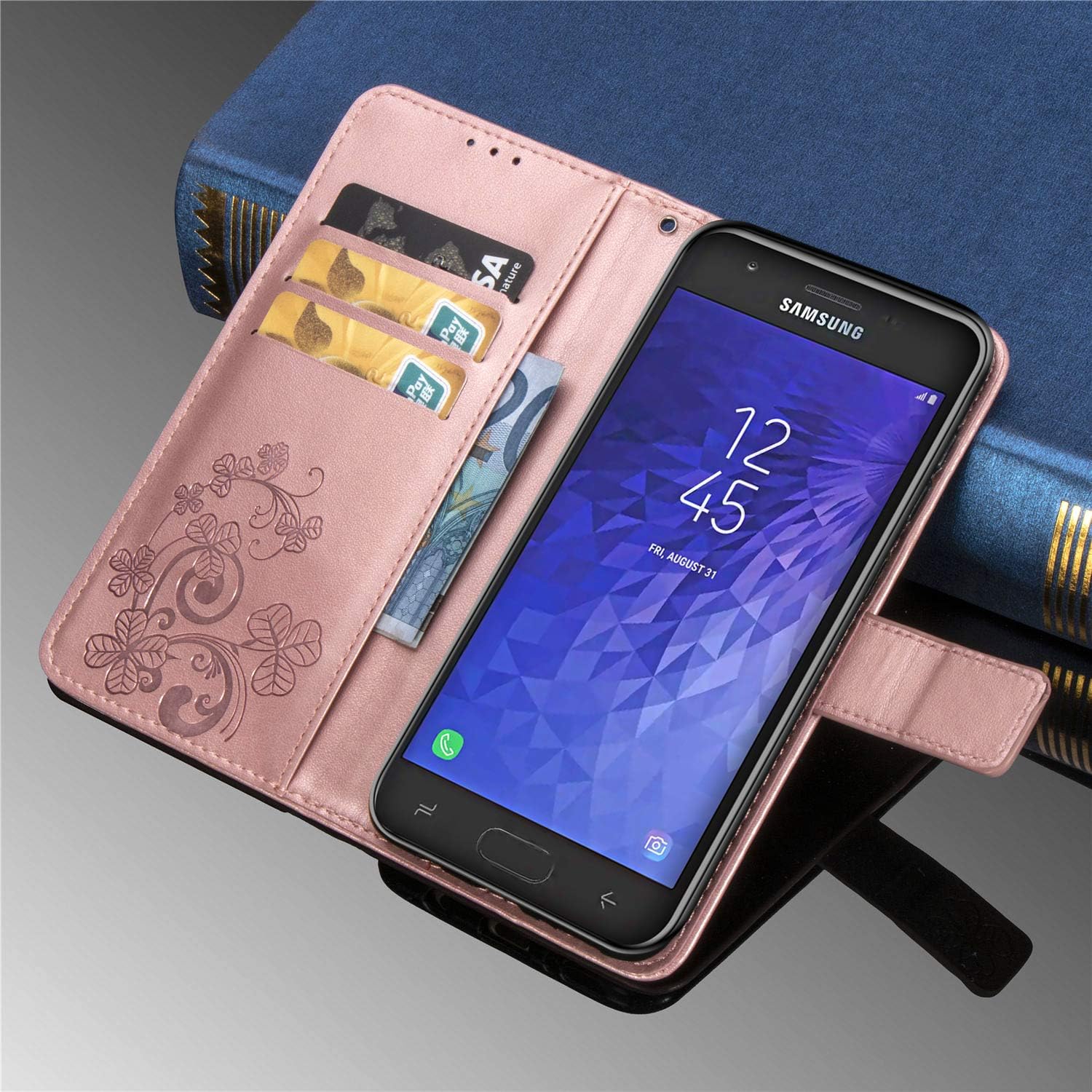 Galaxy J3 2018,J3 Achieve,J3V J3 V 3rd Gen,Amp Prime 3 Case,[Flower Embossed] Leather Wallet Flip Folio Protective Case Cover with Card Holder and Stand for Samsung Galaxy J3 2018 J337 (Rosegold)