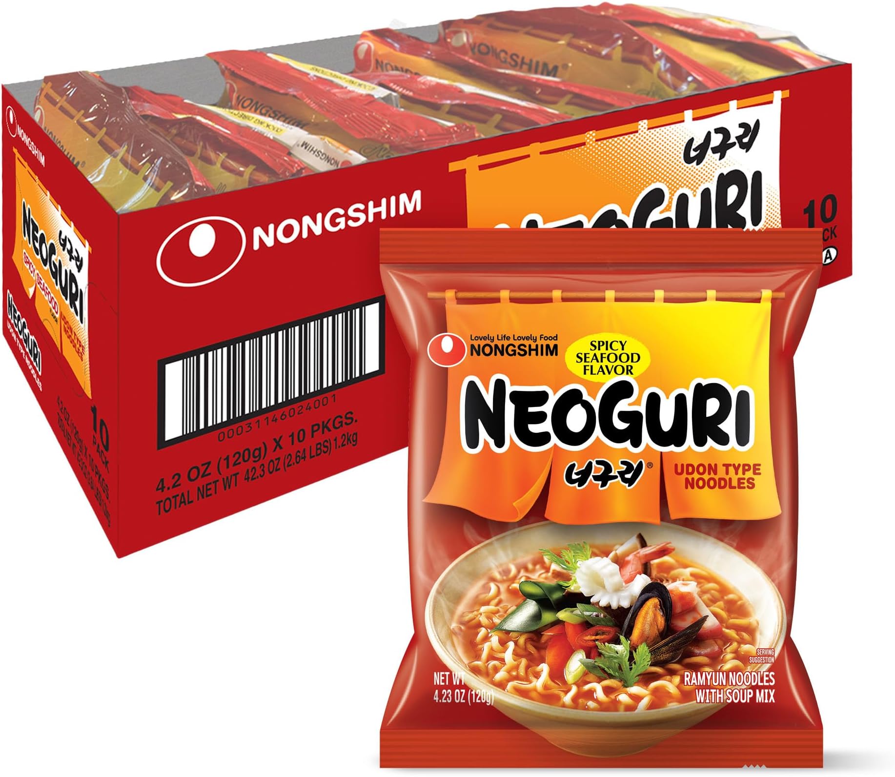 Nongshim Neoguri Spicy Seafood with Udon-Style Noodle, 4.2 Ounce (Pack of 10)