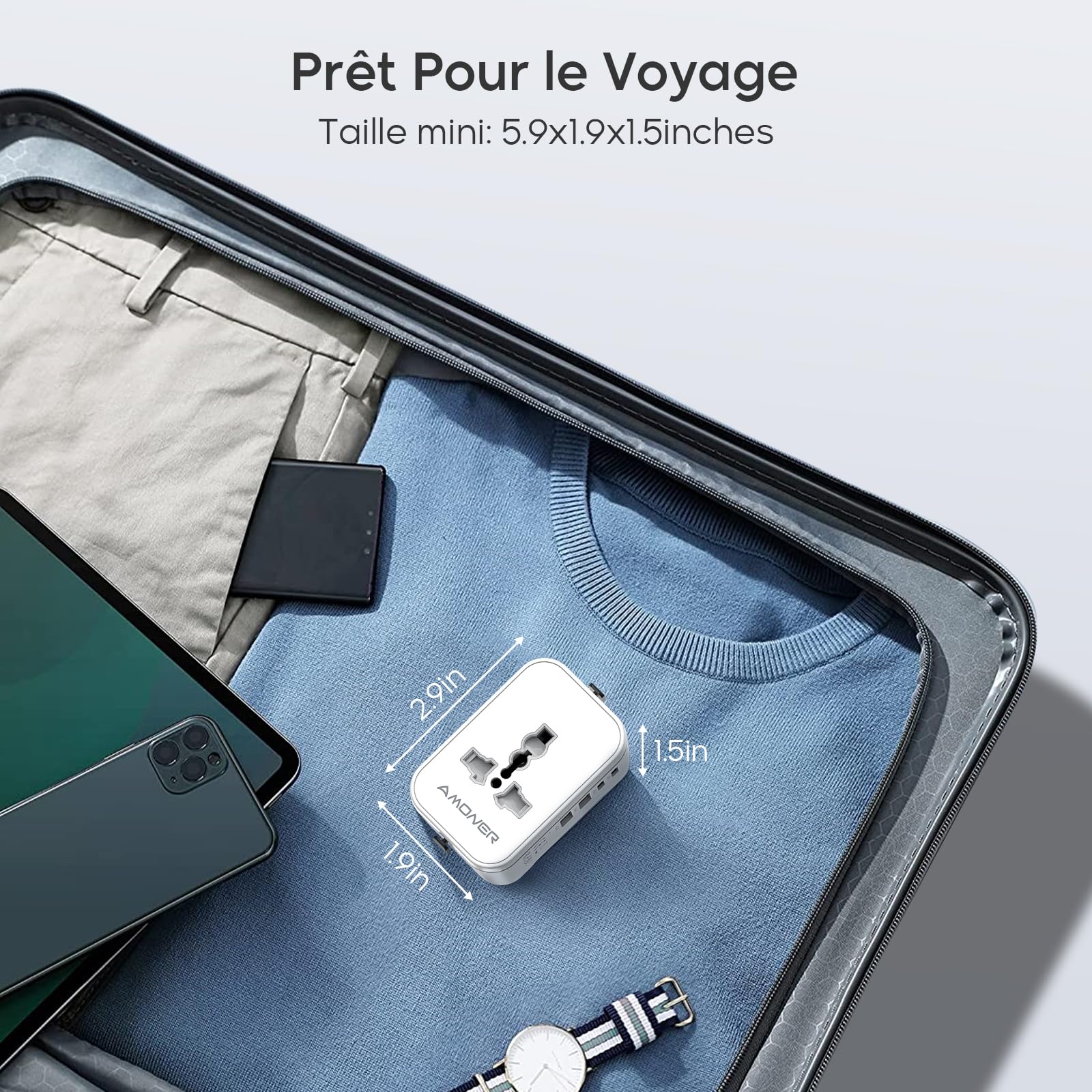 Amoner Adaptateur Prise Universelle Voyage International - 5 in1 Travel Adapter Internationale avec 2 USB 2 USB-C et 1 AC Chargeur France vers UK Allemagne Japon Srilanka Italie Europe USA