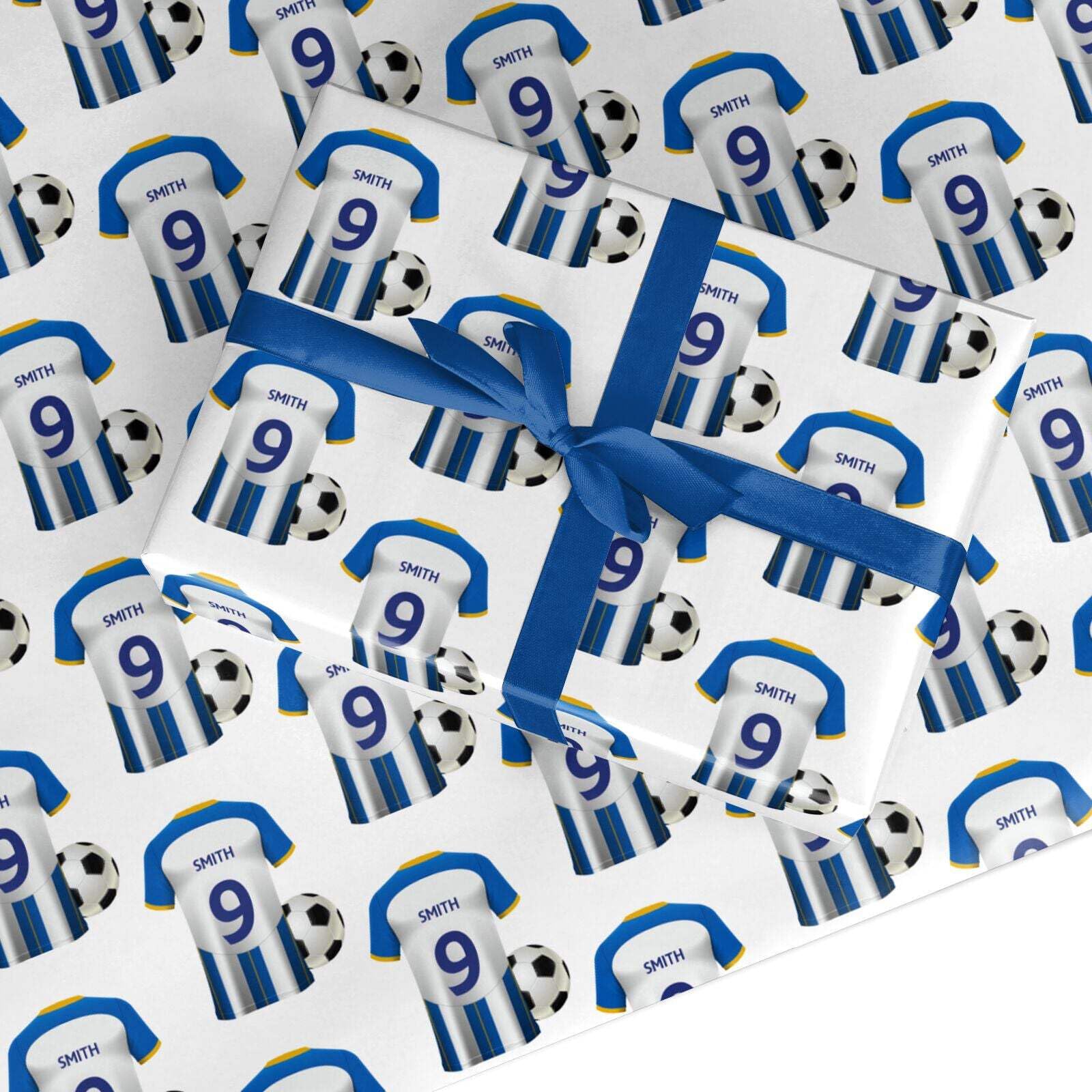 Blue White Yellow Personalised Football Shirt Wrapping Paper Custom Birthday Gift Wrap - For Him Mens Dad Father's Day Christmas Boys Kids Adult - Any Name & Number - Small Roll (50cm x 2.2m)