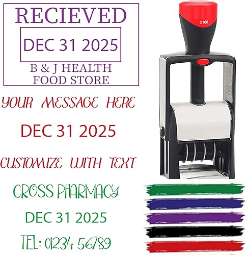 Miniatura 4 de Sello de fecha de 6 años 2020, autoentintado, personalizable con texto personalizado de 2 a 3 líneas, sello comercial autoentintado, negro, rojo,