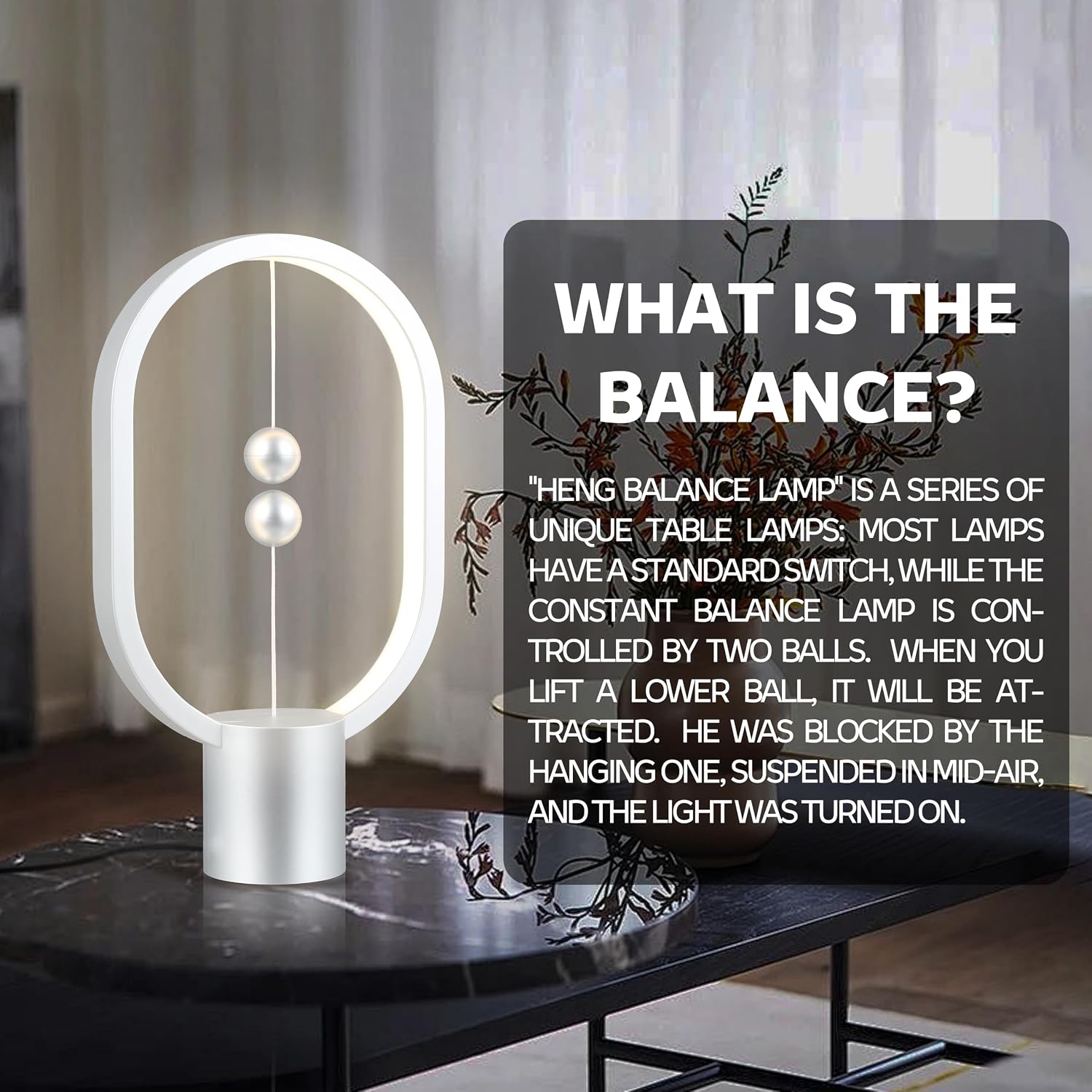 Heng Mini Modern Desk Lamp with Warm Lighting - Aesthetic Floating Table Lamp for Cozy Ambiance, Creative Magnetic Balance Light, Unique Decor (Silver)
