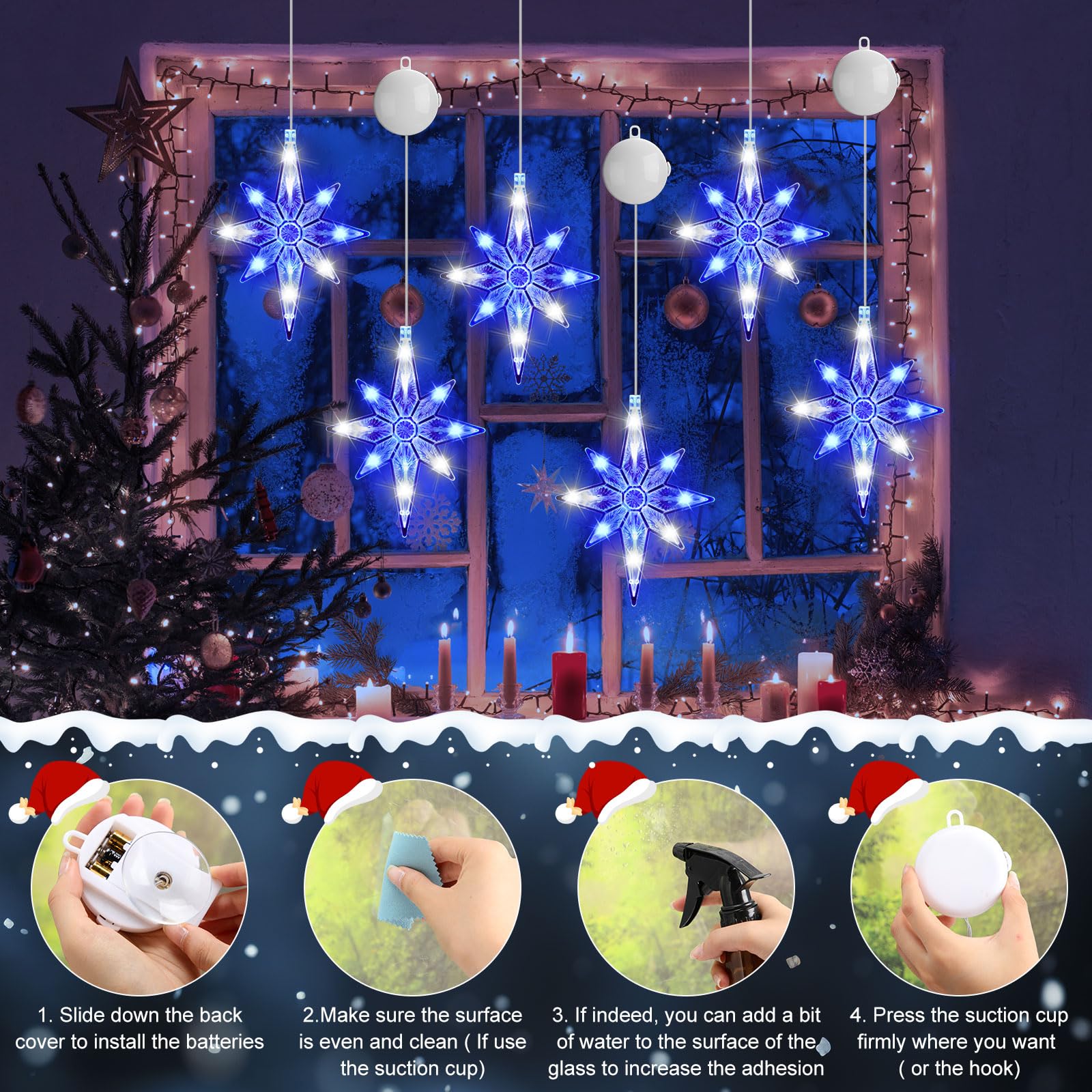 Tujoe Lot de 12 lumières de fenêtre lumineuses avec minuterie, ventouse, fonctionne à piles pour Noël, vacances, Nouvel An, extérieur et intérieur (étoile de Bethléem, bleu blanc)
