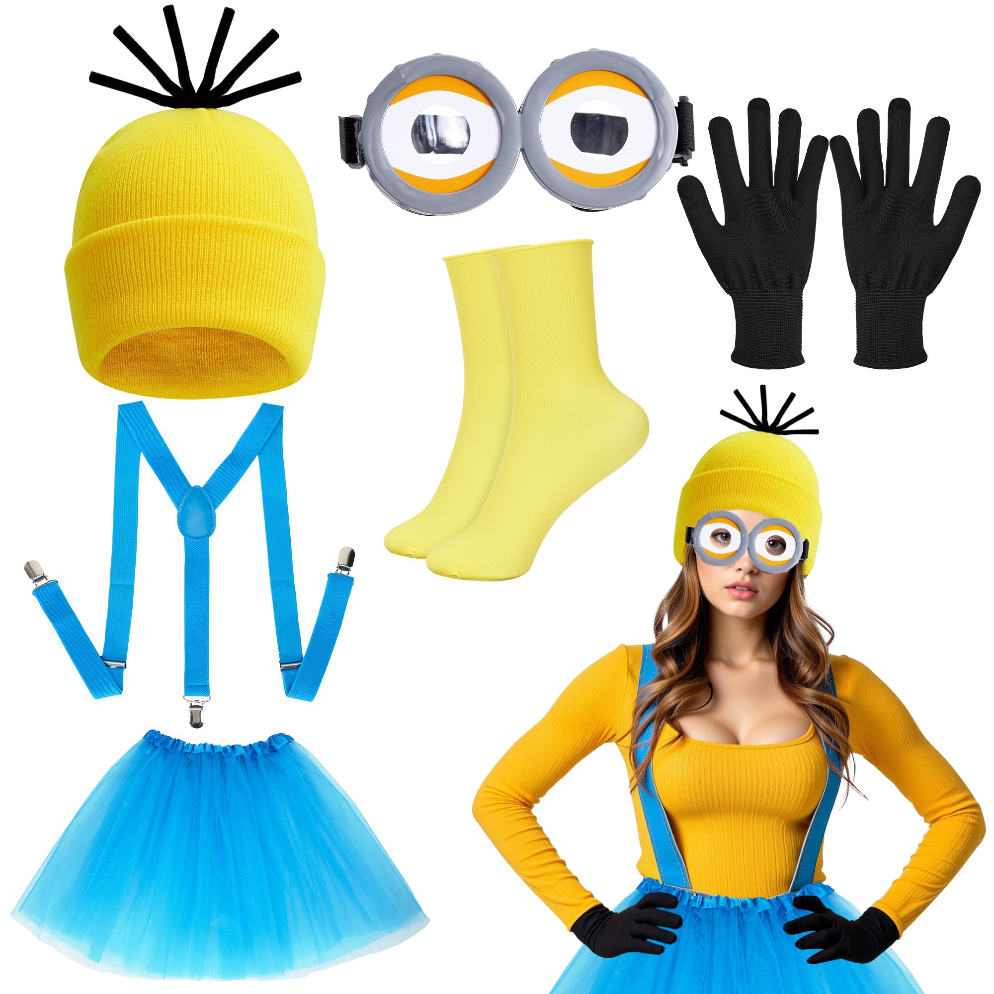 Rilcn Cartoon Character Costume Accessory Set for Adults 6-Piece Fancy Dress for Halloween Cosplay, and Party, Yellow Beanie