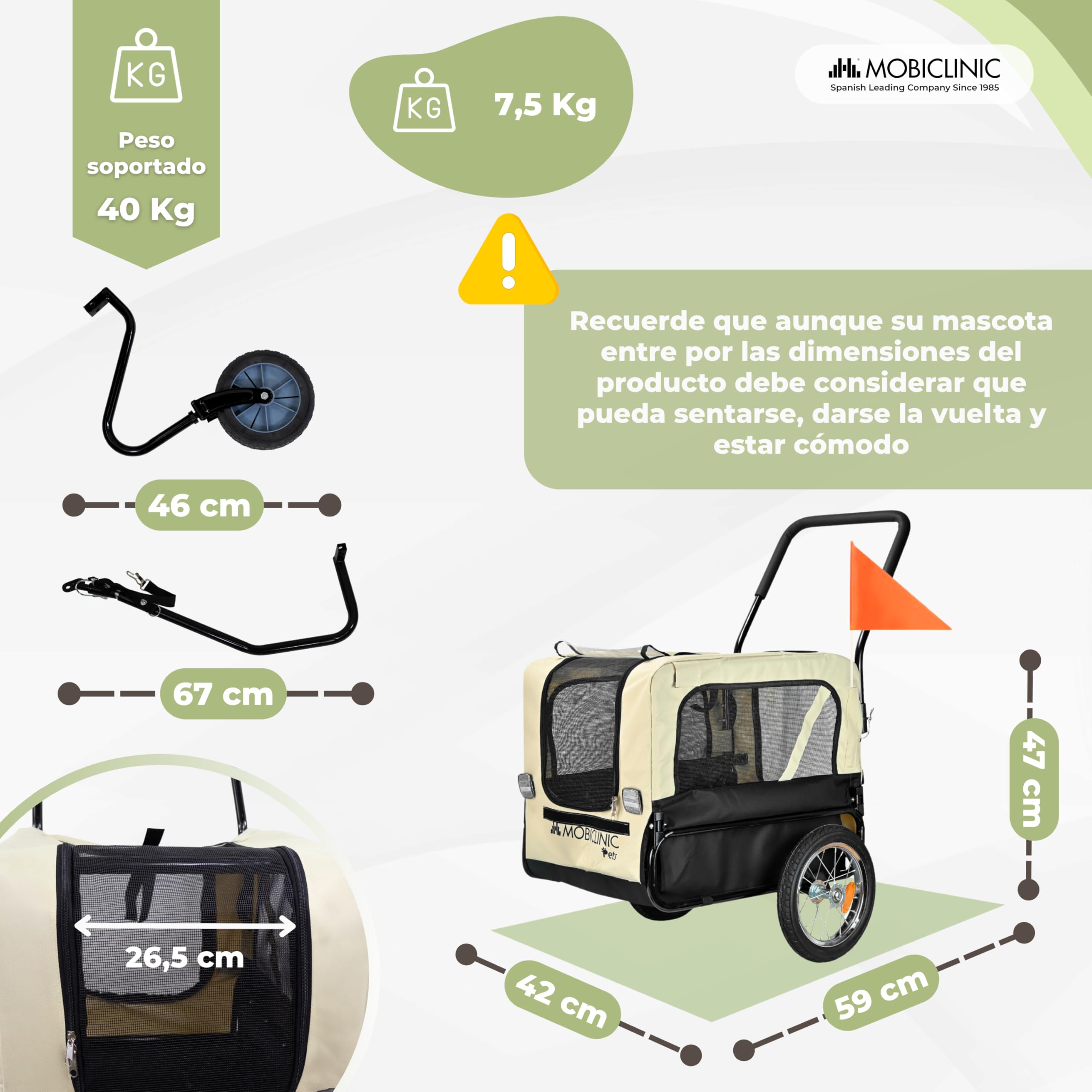 Mobiclinic®, Remolque de Bicicleta para Perros + Carro de Transporte, 2 en 1, hasta 40 Kg, Cubierta Impermeable, 123x67x100 cm, Reflectores y Bandera, 600D Oxford, para Perros Pequeños y Medianos