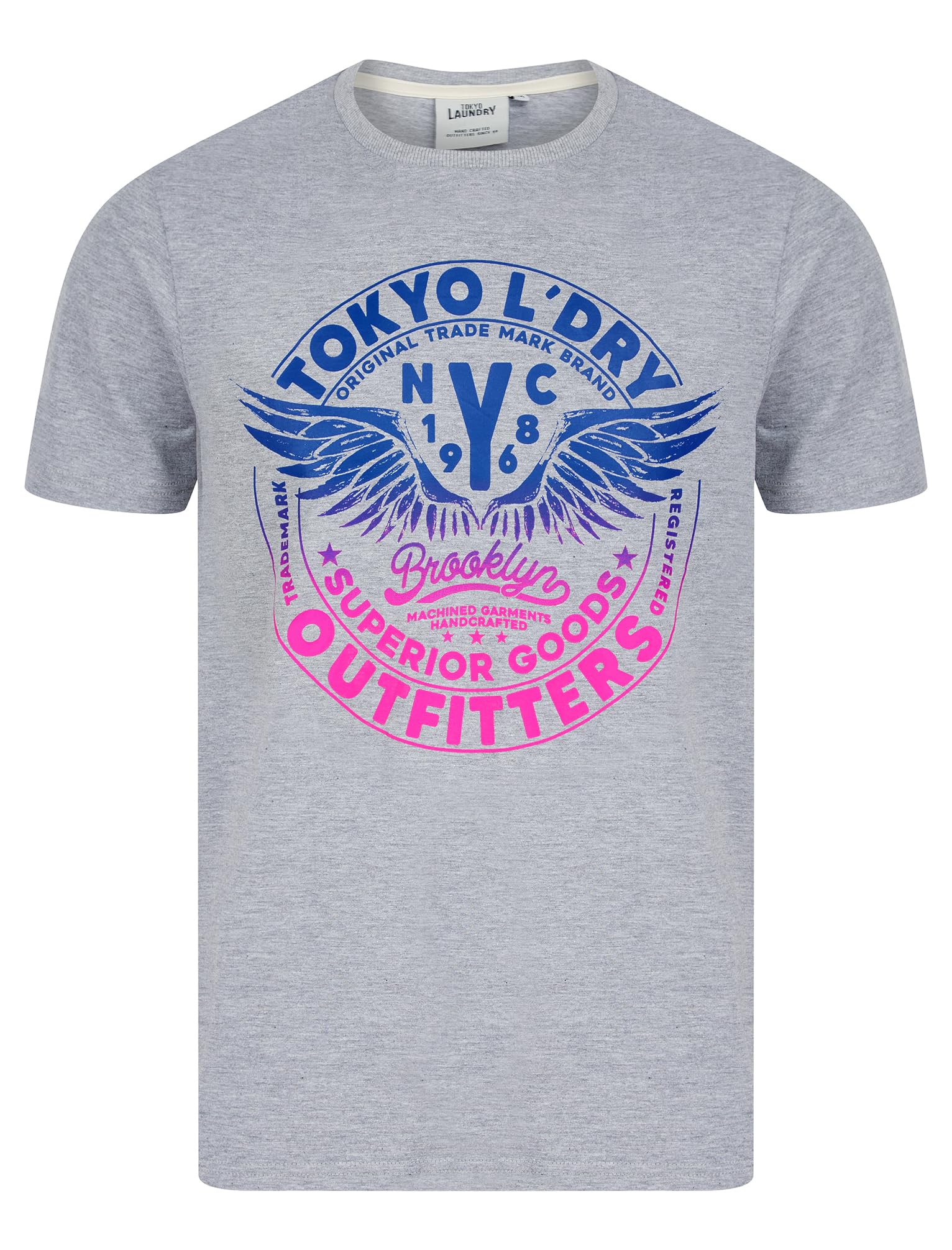 Tokyo Laundry Men's Light Grey Marl 'Manor' Vintage Graphic Print Motif Cotton Jersey Crew Neck T-Shirt
