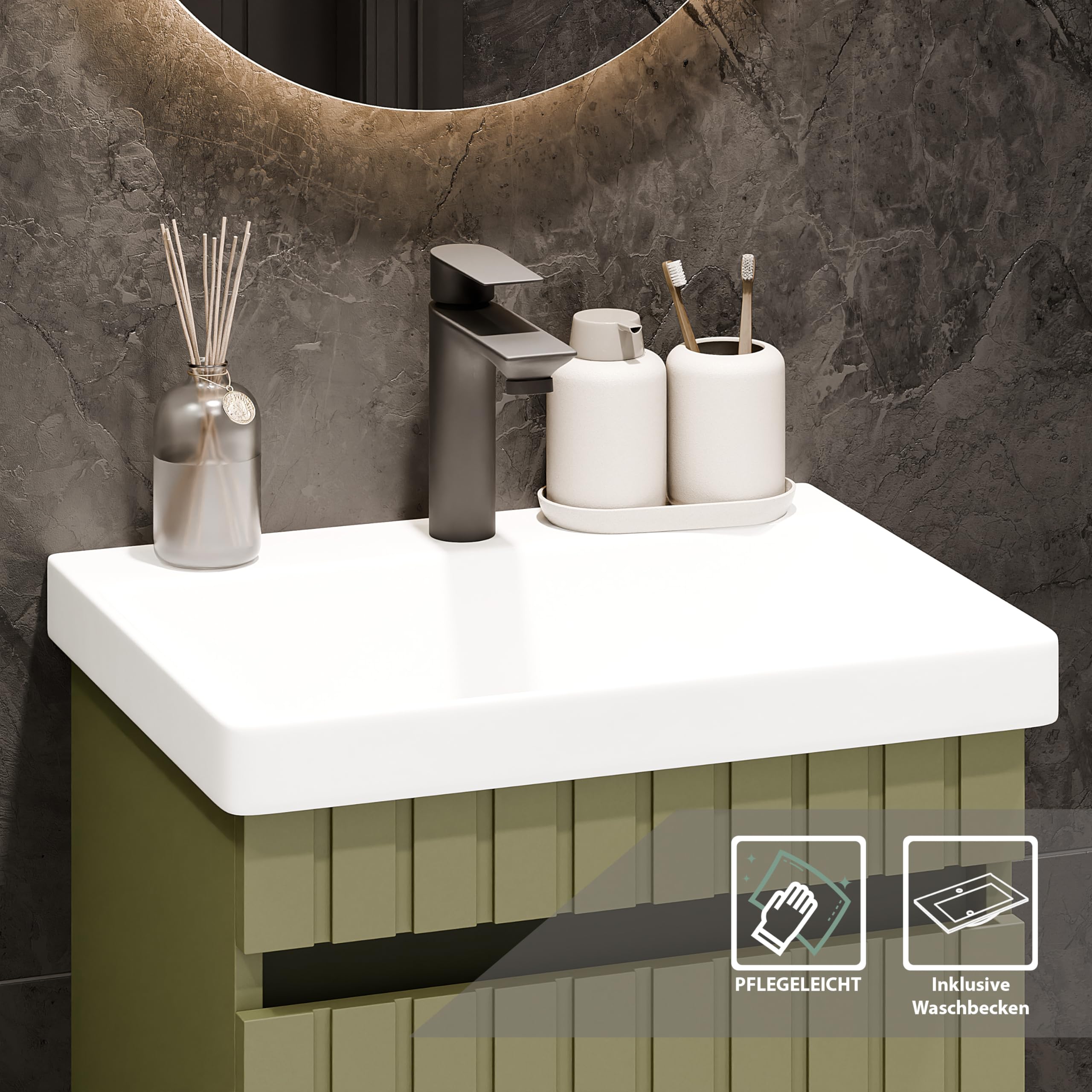 Planetmöbel Cosmia - Set de muebles de baño con lavabo y armario bajo 50 x 60 x 35 cm, color verde menta, grifo de baño negro, lavabo de cerámica con puerta