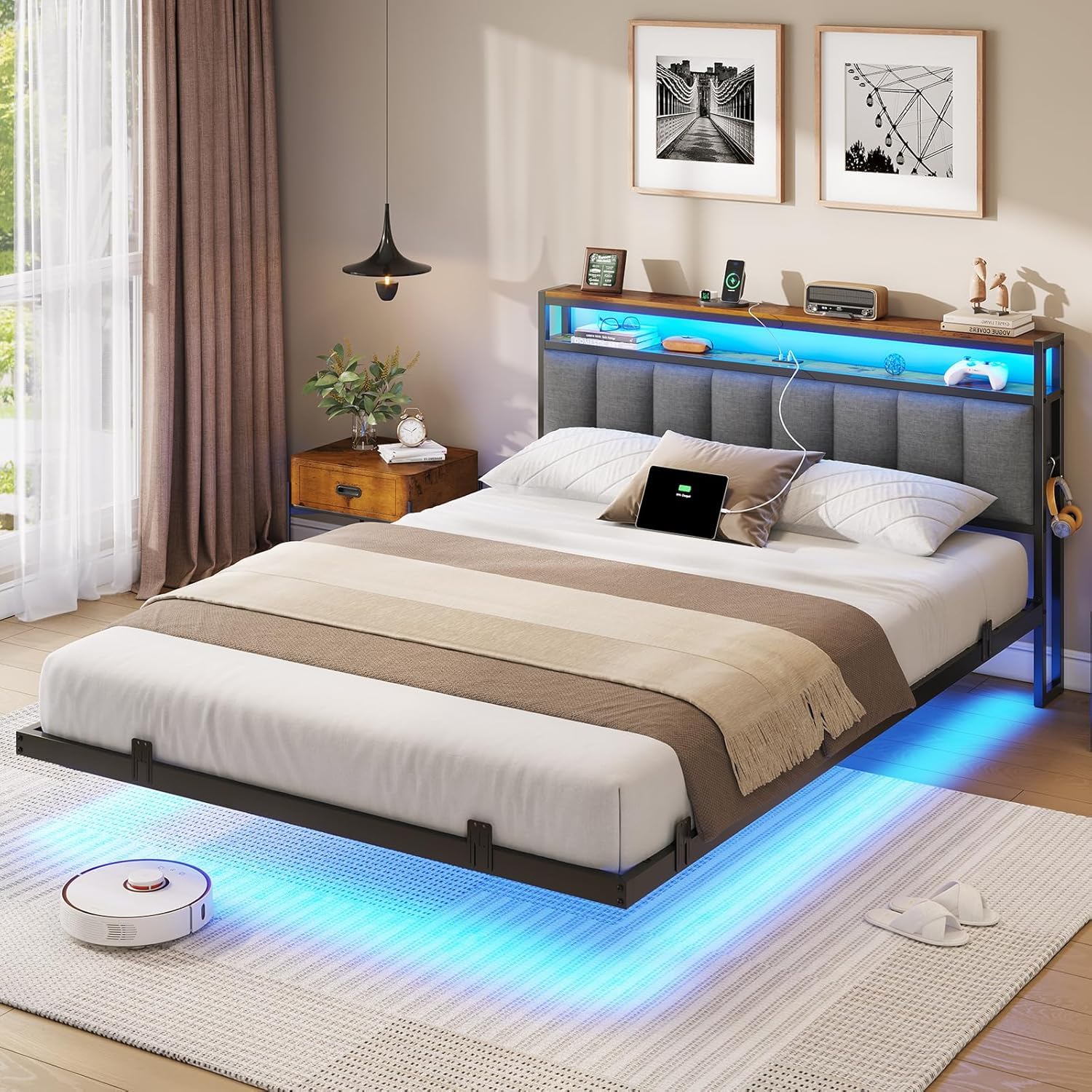 AOGLLATI Letto Matrimoniale, Letto 160x200 cm con Illuminazione a LED e Stazione di Ricarica, Struttura Letto con Testiera Imbottita, Effetto Visivo Levitante, Stile Minimalista, Grigio Scuro