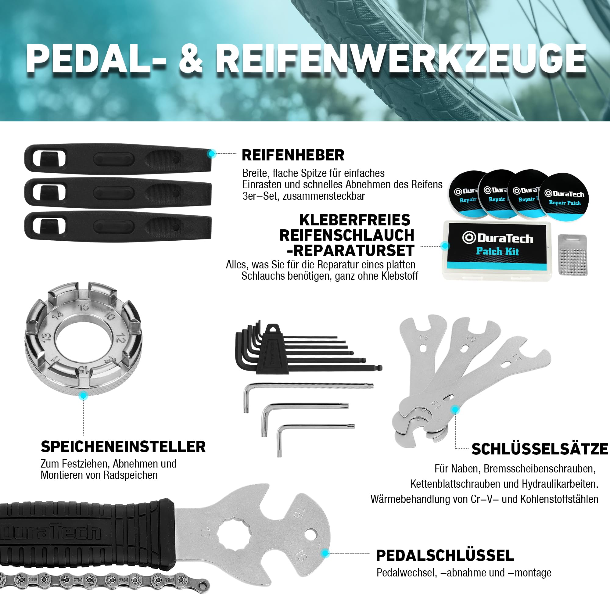 DURATECH Fahrrad Reparaturset 41-Teilig mit Werkzeugkoffer, Tragbarer Fahrrad Werkzeug Set für Fahrrad Reifen Kette Pedal Montage Reparaturen