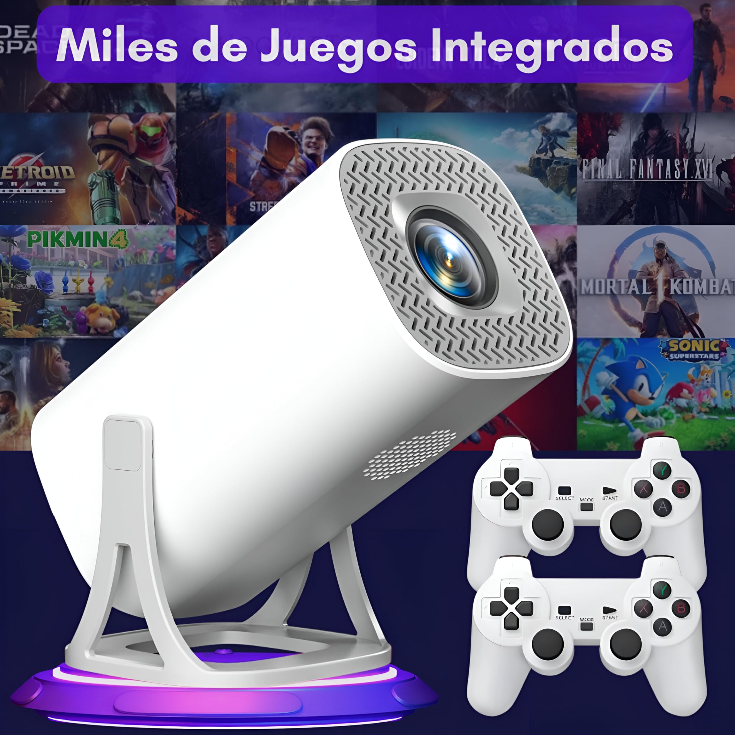 Proyector Consola Retro Integrada con más de 30.000 Juegos - Incluye 2 Mandos Inalámbricos - Android 11 y WiFi 6 - Tarjeta Memoria 64 GB - Calidad HD 1080Px720P con Soporte 4K - Enchufar y Listo