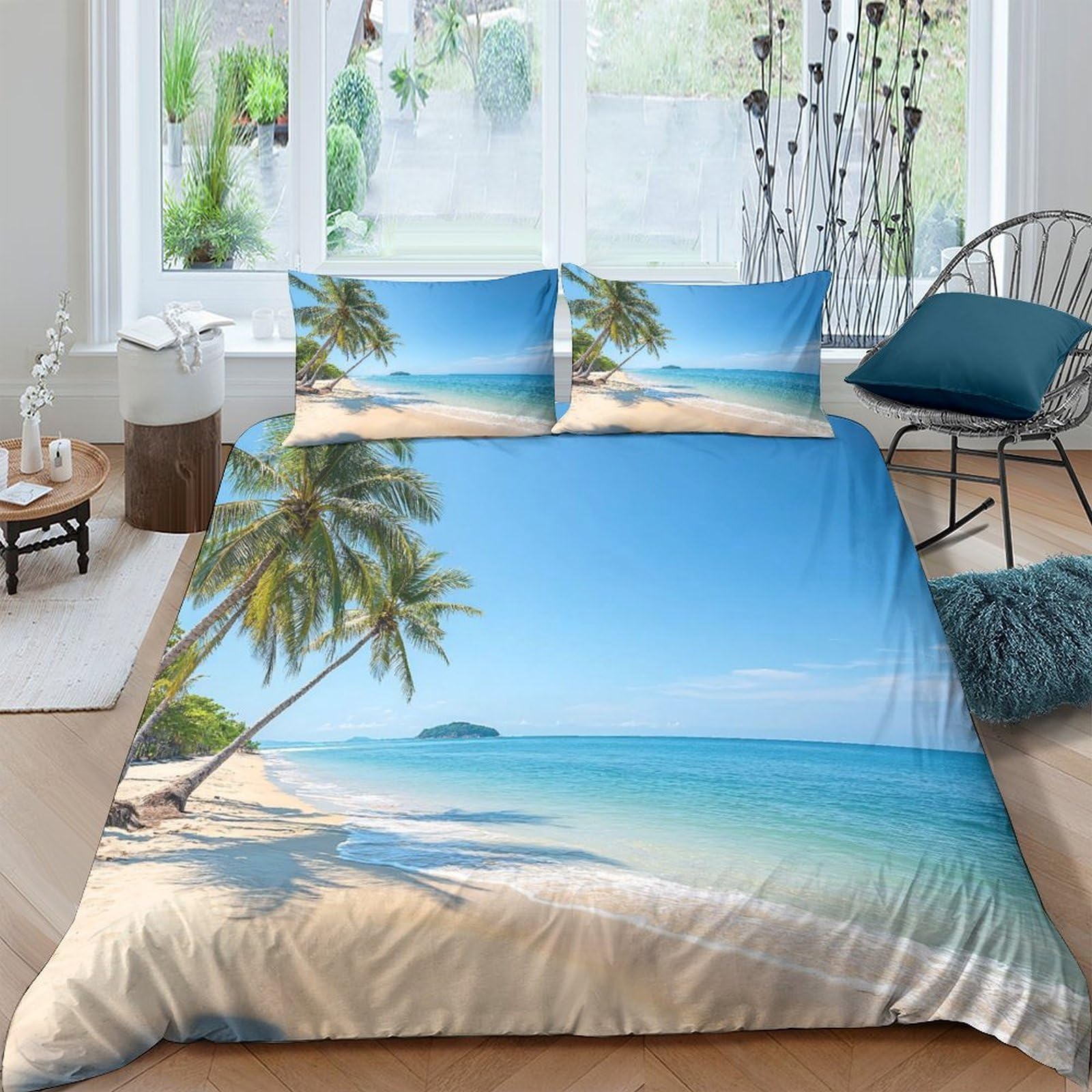 Ctjqhvkz Style-4 3D Printed Tropical Beach Fitted Sheet Microfiber Soft Palm Island Bed Cover For Bedroom Dorm Mattress Decor Single（135X200cm）