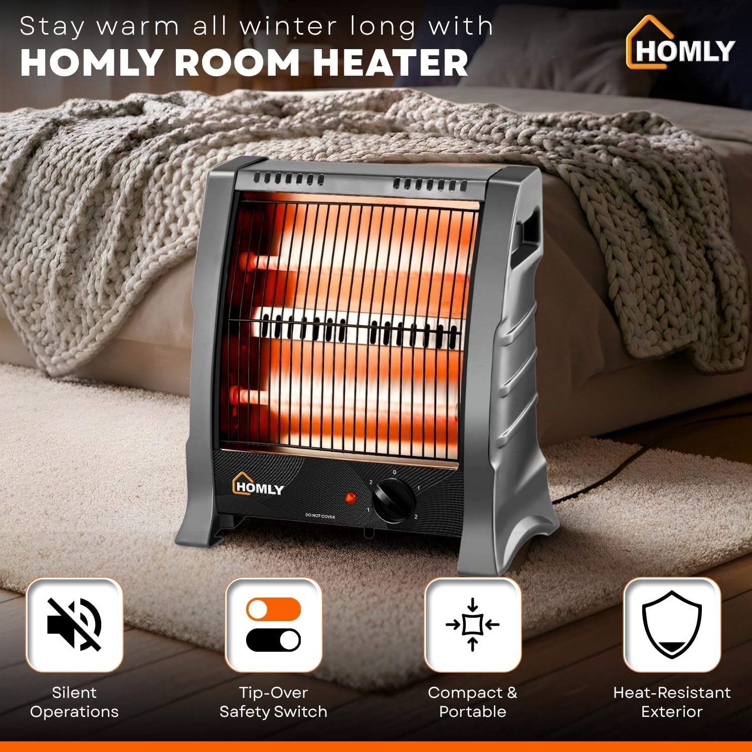 Homly Ritz 800 Watts Quartz Room Heater with Dual Heating Tubes | Dual Heating Settings For 400W & 800 W | Tip-over Protection|Cool Touch Shockproof Body with High Thermal Protection - Grey 2