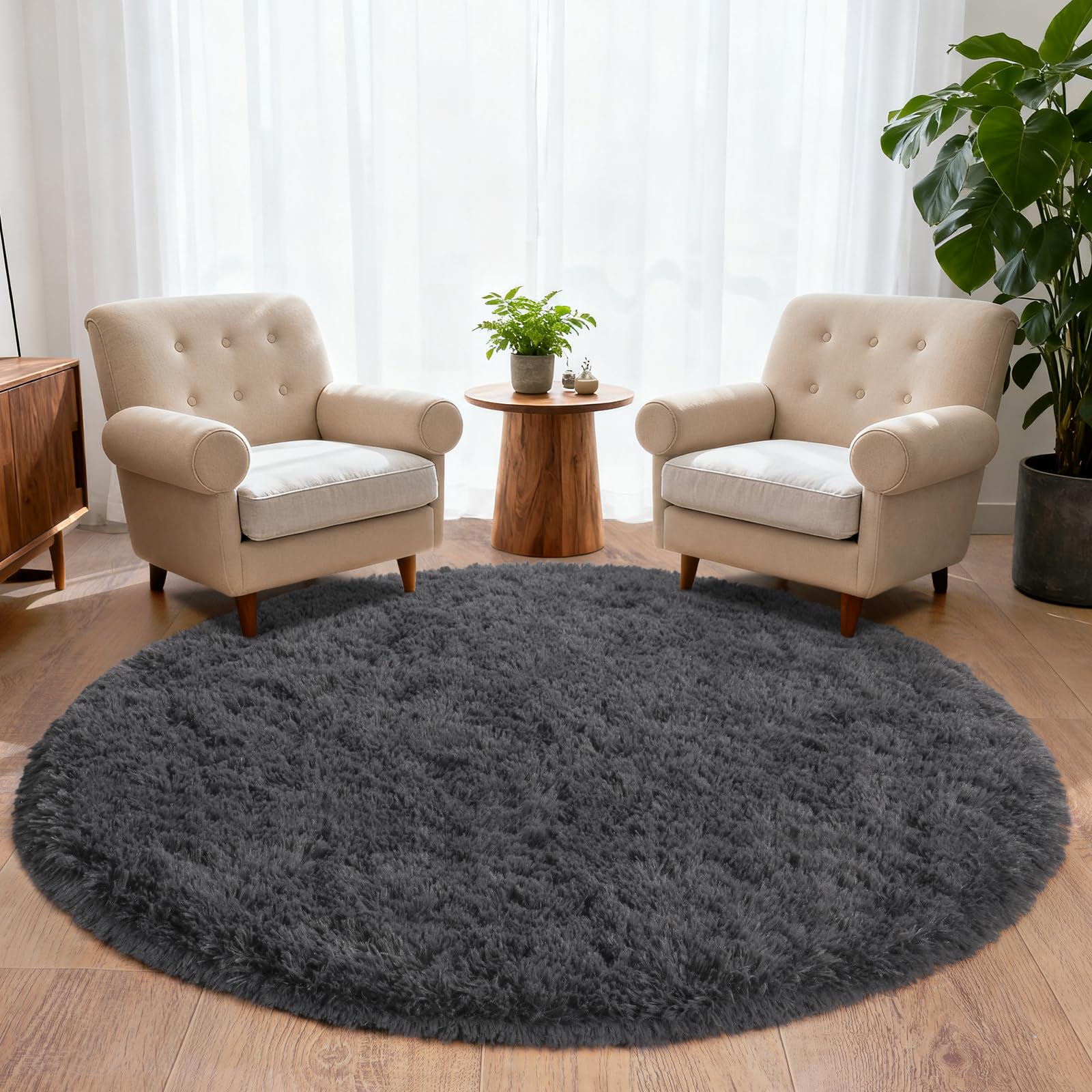 iEvery Large Round Rugs for Living Room 160cm - Fluffy Shaggy Circular Rug for Bedroom, Soft Non Slip High Pile Modern Floor Carpet for Kids Room, Charcoal โ image 1